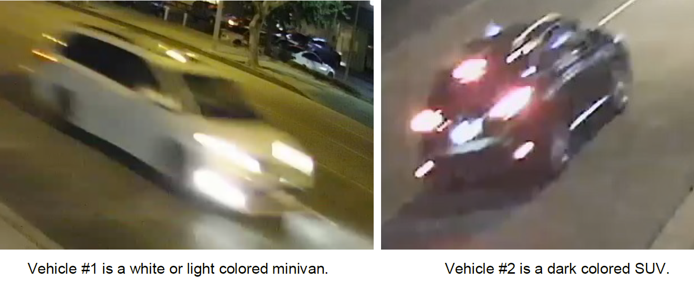 Vehicle #1 is a white or light colored minivan.	Vehicle #2 is a dark colored SUV.