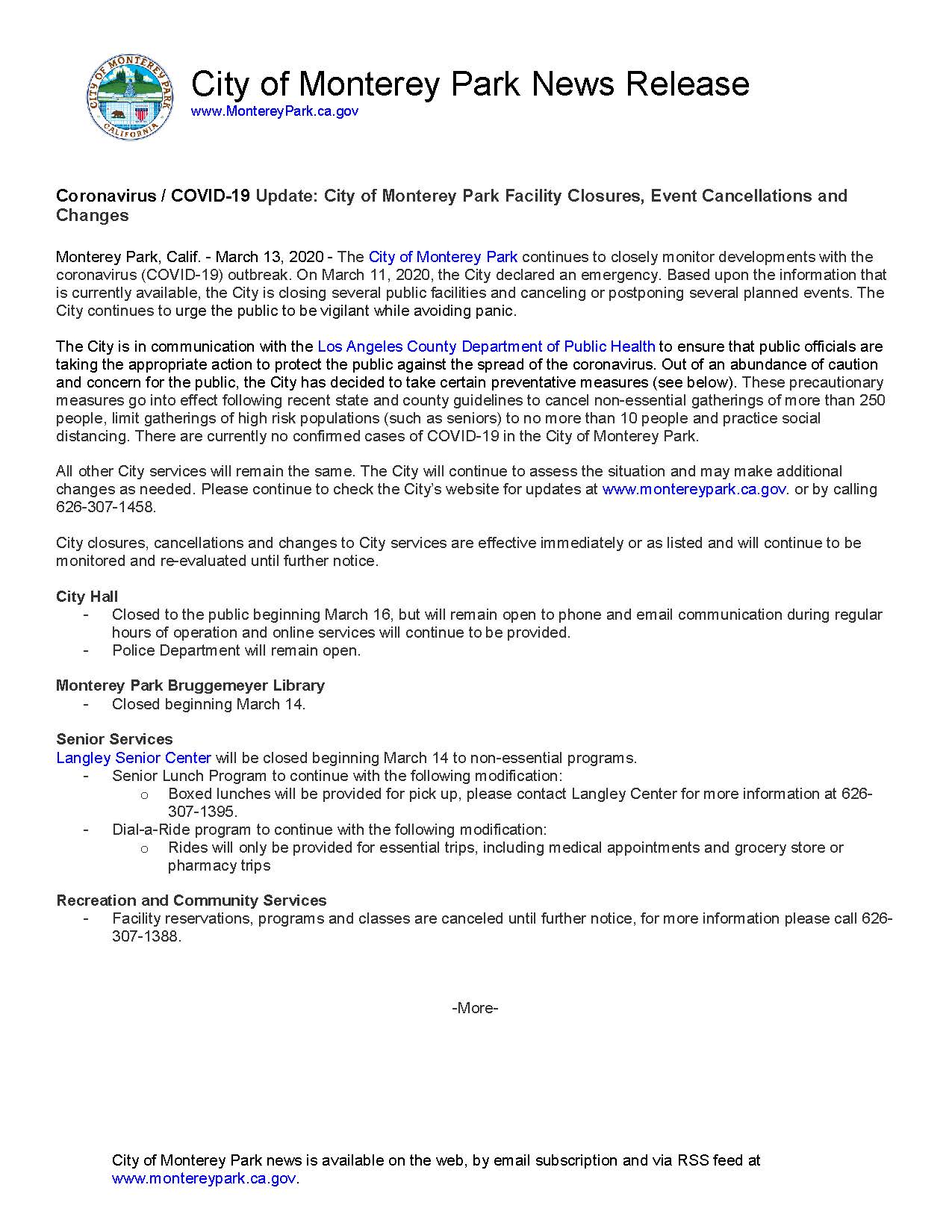 MPK News Release-Coronavirus COVID-19 Update City of Monterey Park Facility Closures Event Cancellat