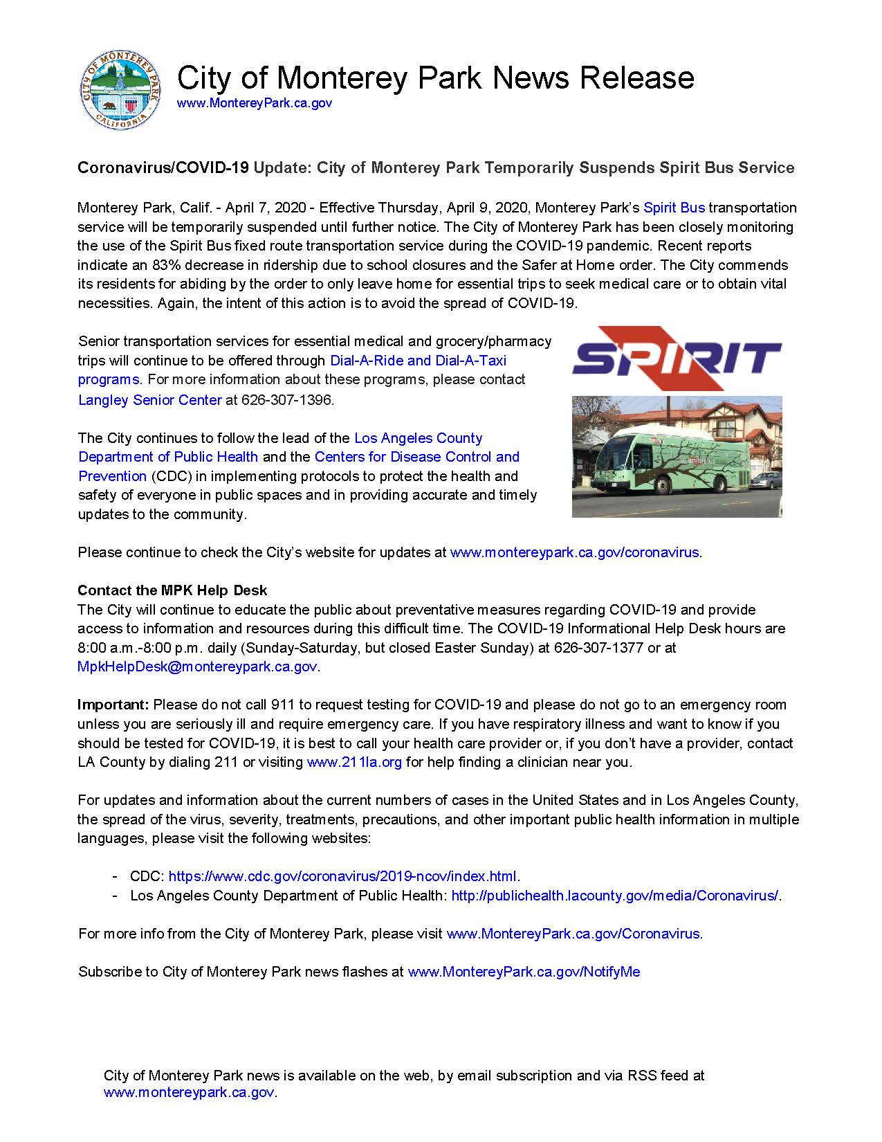 MPK News Release-Coronavirus COVID-19 Update Monterey Park Temporarily Suspends Spirit Bus 4-7-20