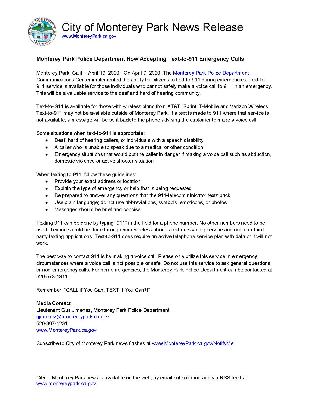 MPK News Release-MP Police Department Now Accepting Text-to-911 Emergency Calls