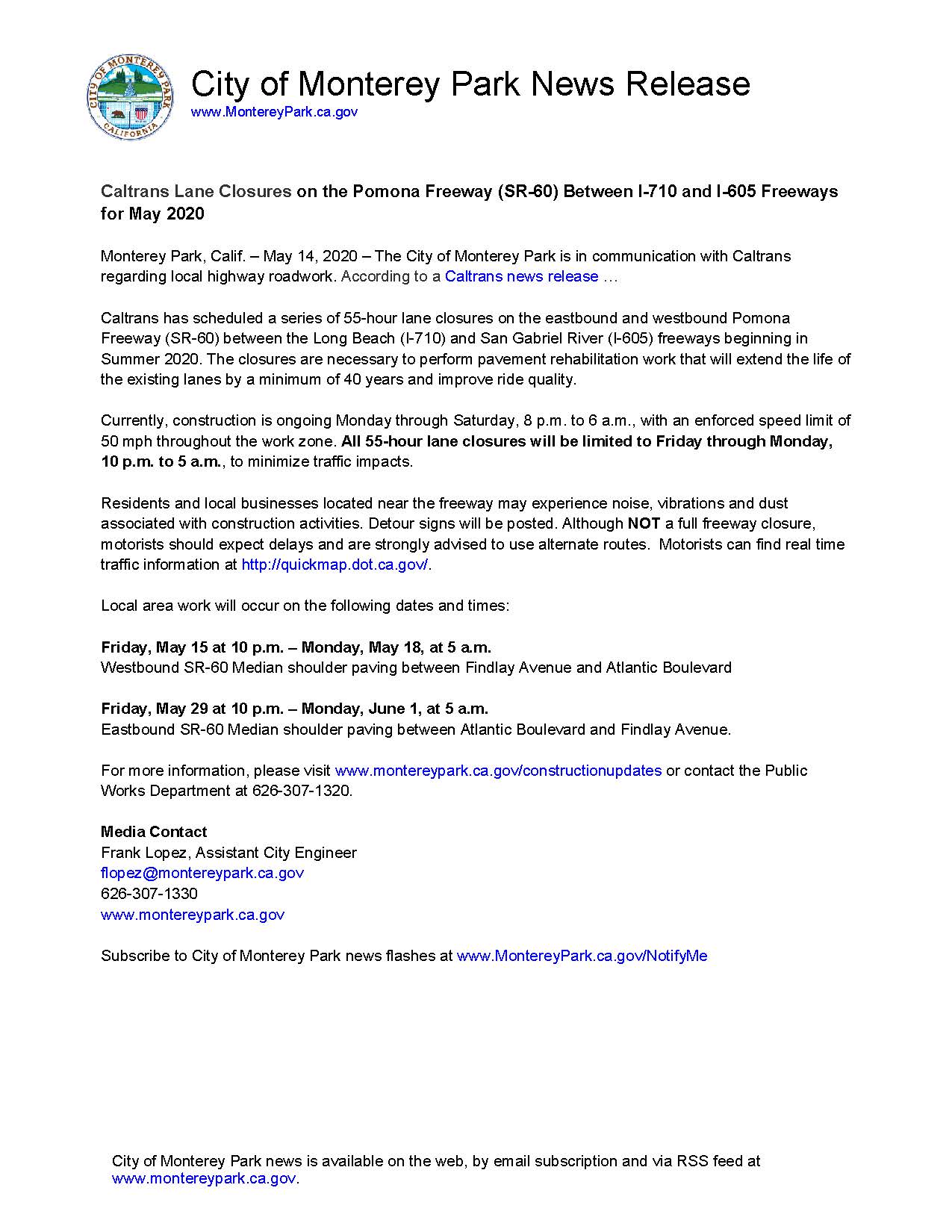 MPK News Release-CalTrans Lane Closures Pomona Fwy SR-60 Between I-710 and I-605 Fwys May 2020