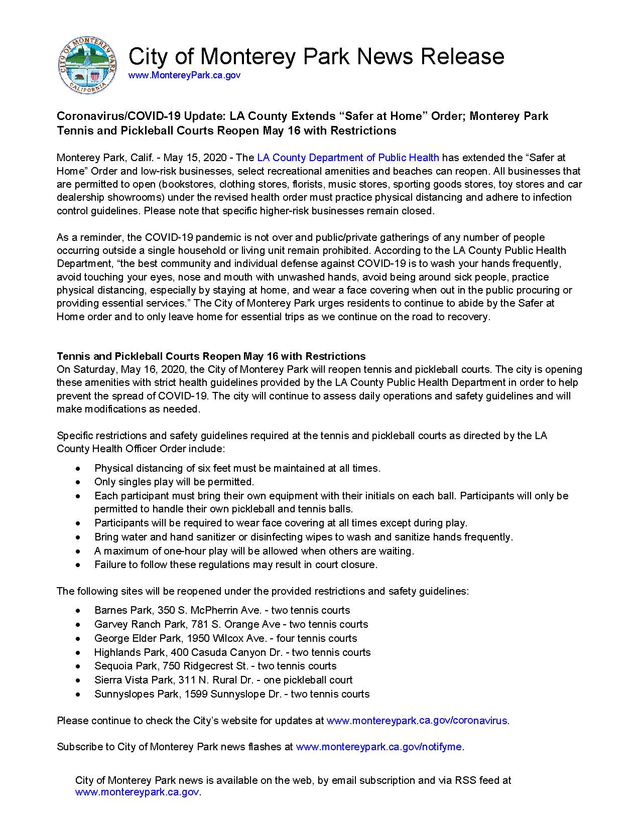 MPK News Release-LA County Extends Safer at Home Order Tennis and Pickleball Courts Reopen May 16