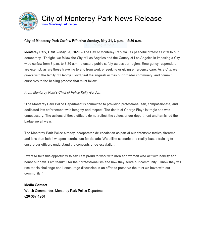 MPK News Release-City of Monterey Park Curfew Eff Sunday May 31 8 pm-530 am