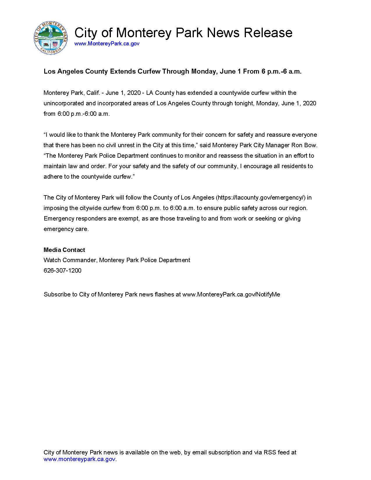 MPK News Release-Los Angeles County Extends Curfew 6-1-20
