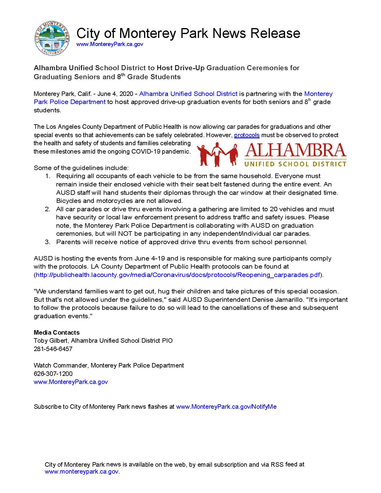 MPK News Release-Alhambra School District to Host Drive-Up Graduation Ceremonies for Graduating Seni