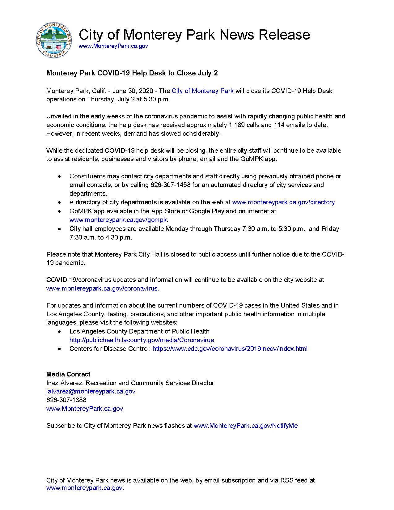 MPK News Release-Monterey Park COVID-19 Help Desk to Close July 2