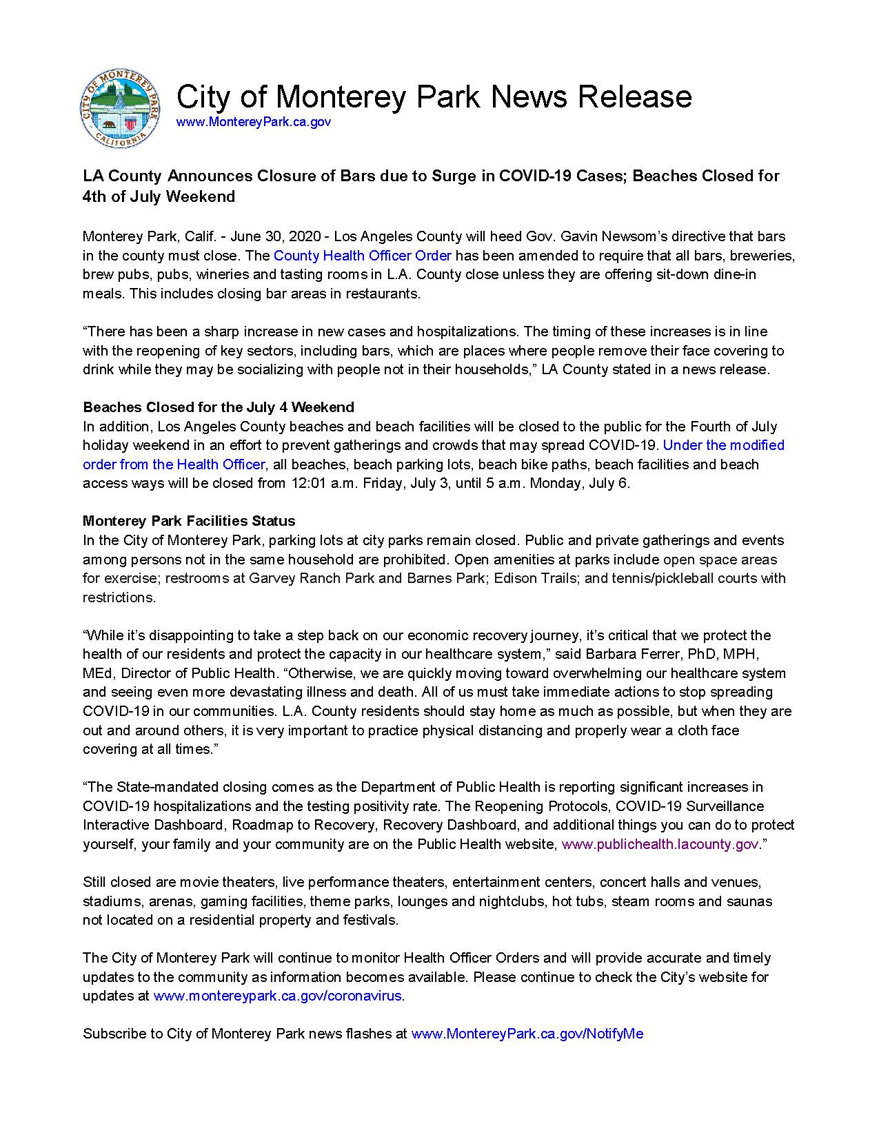 MPK News Release-COVID19 Update LA County Announces Closure of Bars 6-30-20