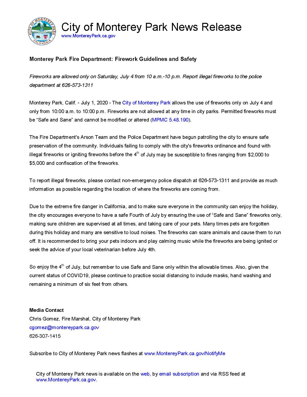 MPK News Release-Monterey Park Fire Department Firework Guidelines and Safety