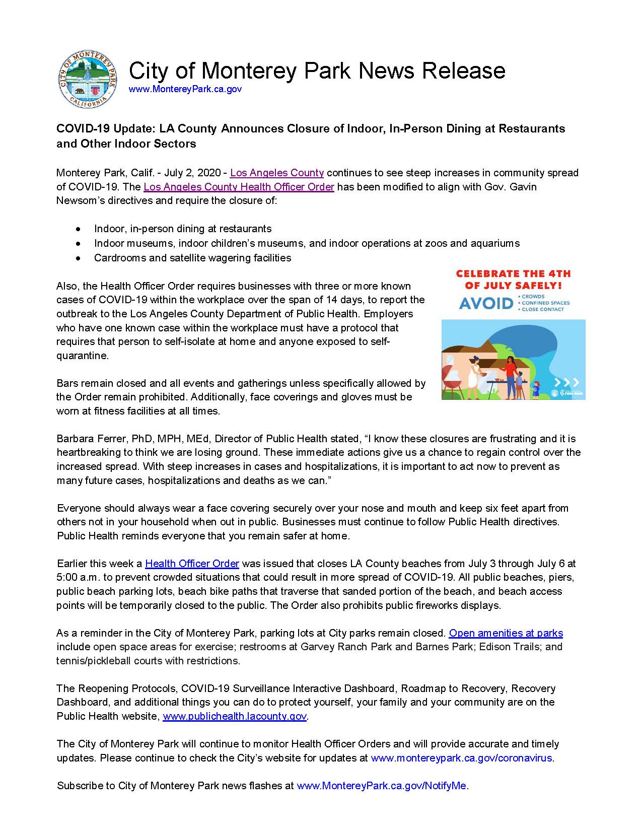 MPK News Release-LA County Announces Closure of Indoor In-Person Dining etc 7-2-20