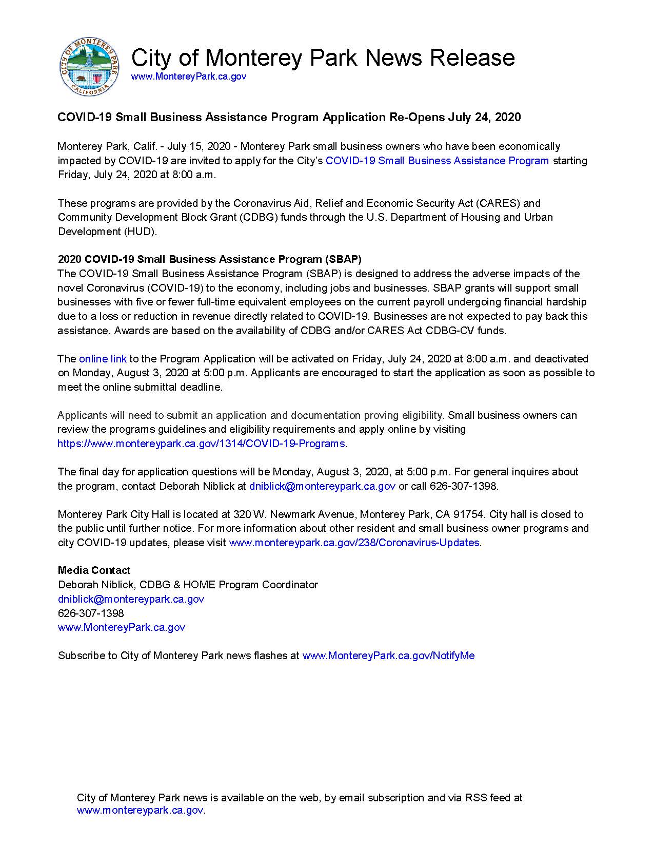 MPK News Release-COVID-19 Small Business Assistance Program Reopens 7-24-20