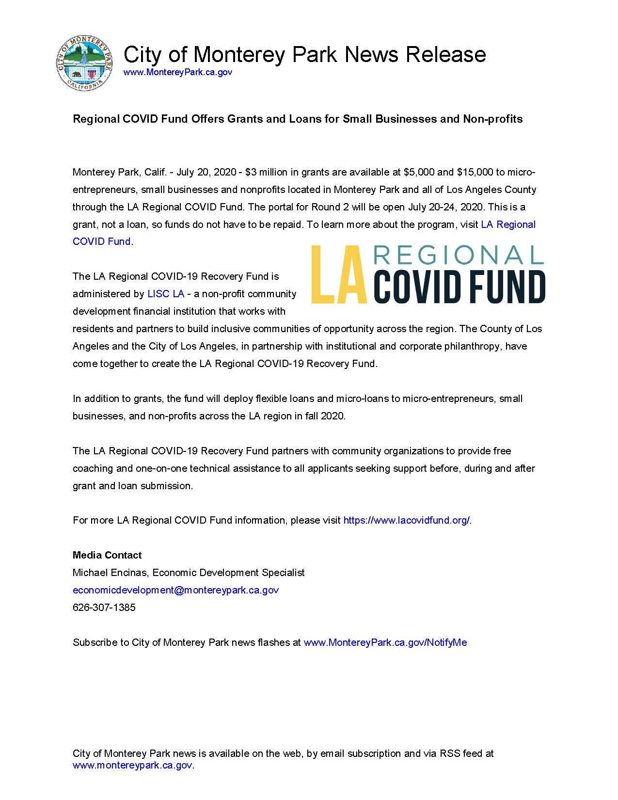 MPK News Release-Regional COVID Fund Offers Grants and Loans for Small Businesses and Non-profits