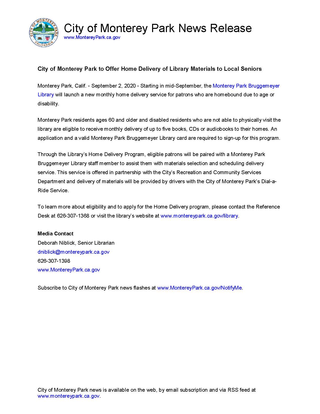 MPK News Release-City of Monterey Park to Offer Home Delivery of Library Materials to Local Seniors