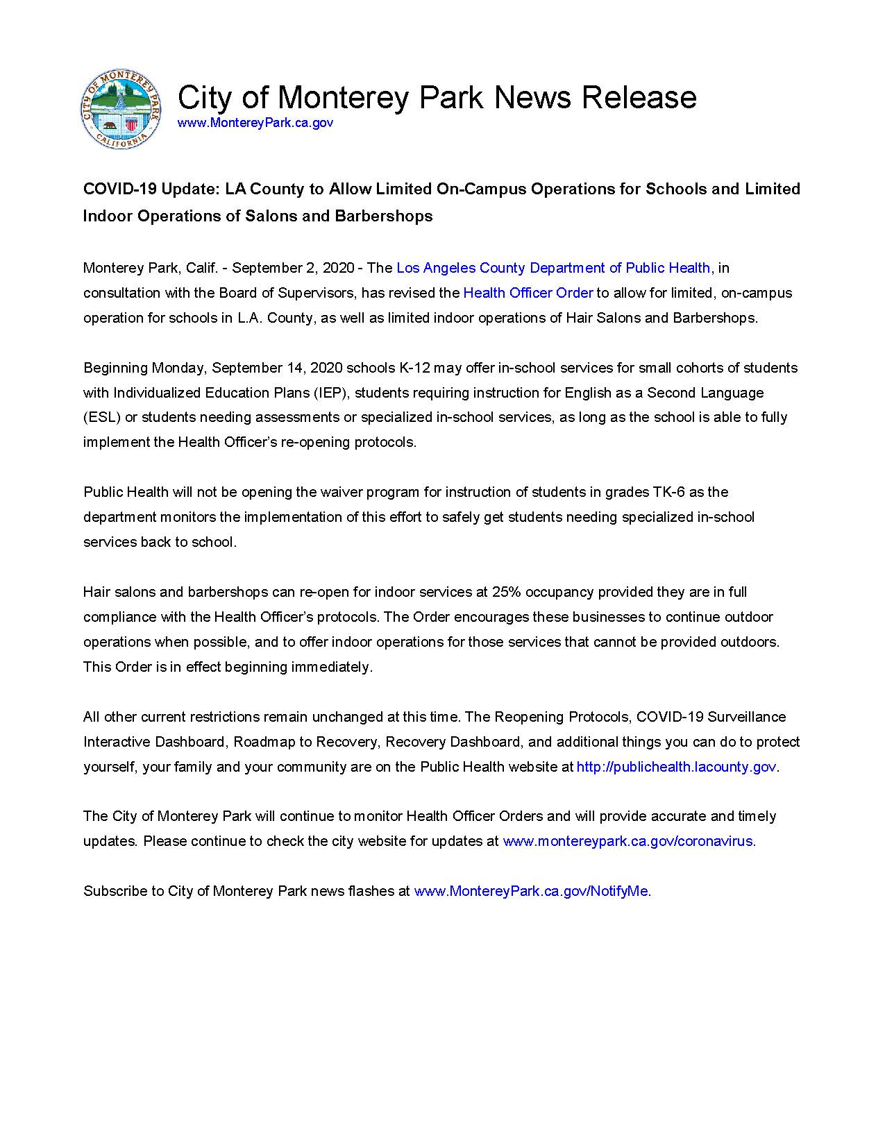 MPK News Release-LA County to Allow Limited On-Campus Operations for Schools and Limited Indoor Oper