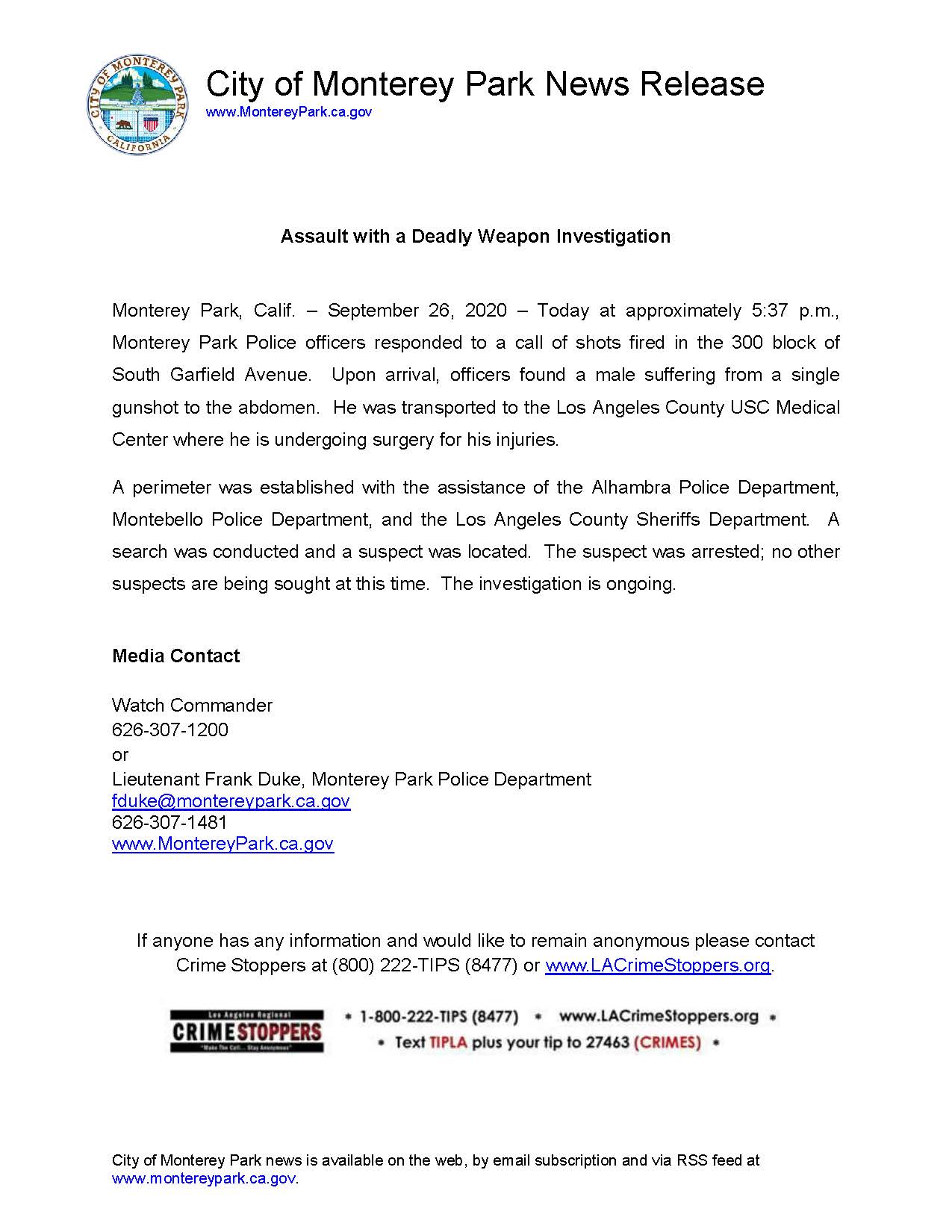 News Release Assault with a Deadly Weapon Investigation 9.26.20