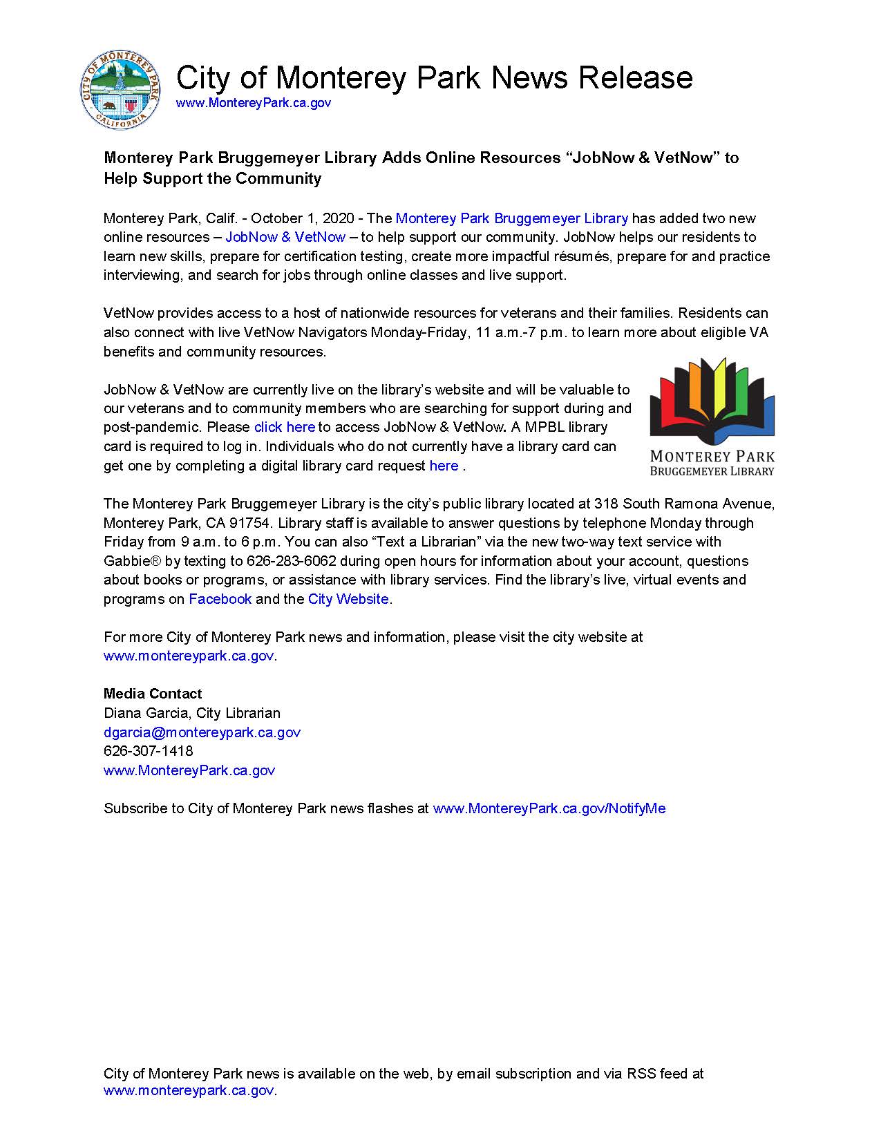 MPK News Release-Monterey Park Bruggemeyer Library Adds Online Resource JobNow VetNow to Help Suppor