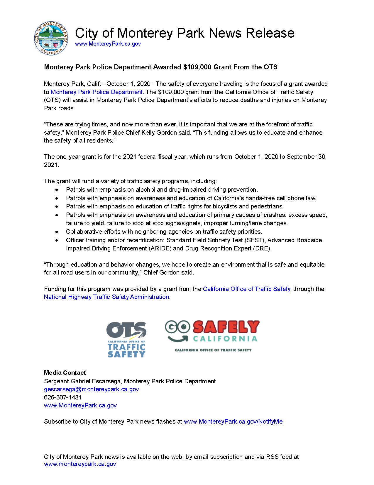 MPK News Release-Monterey Park Police Department Awarded Grant From the OTS