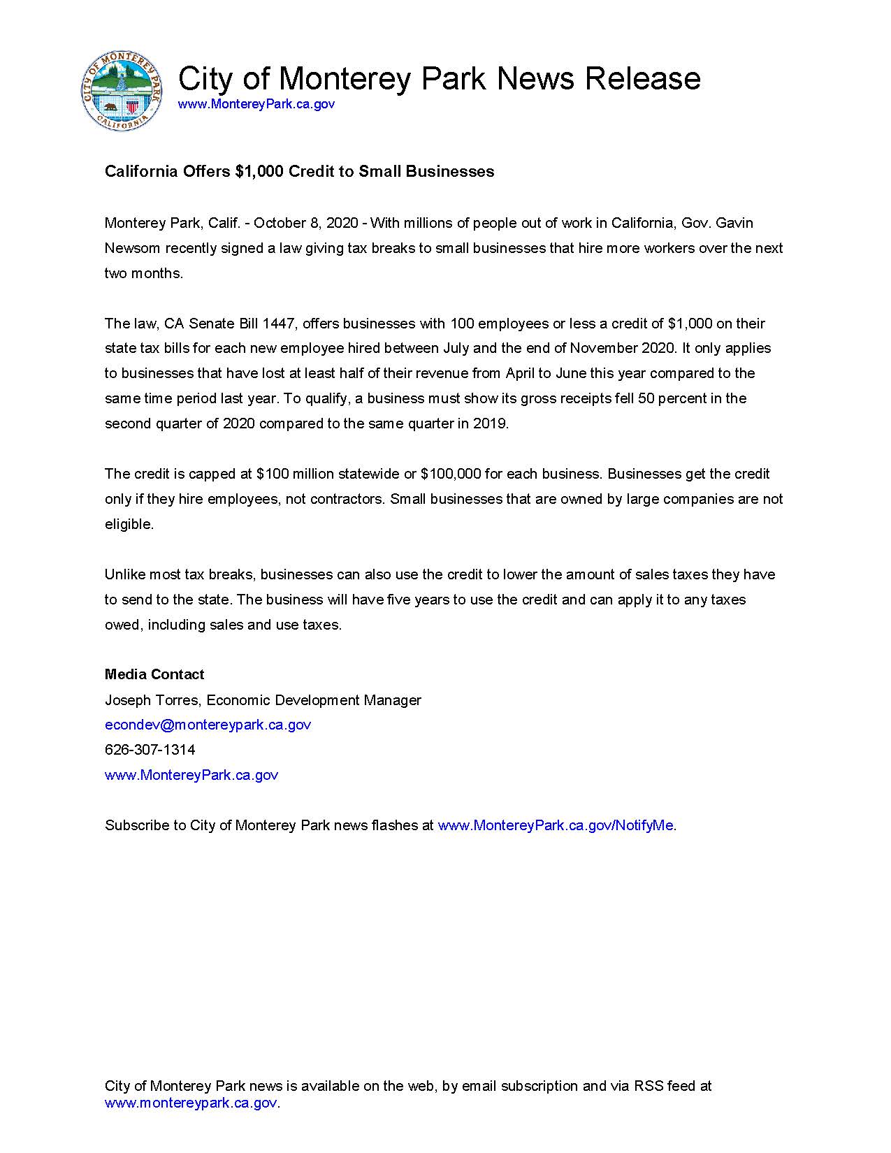 MPK News Release-California Offers $1000 Credit to Small Businesses