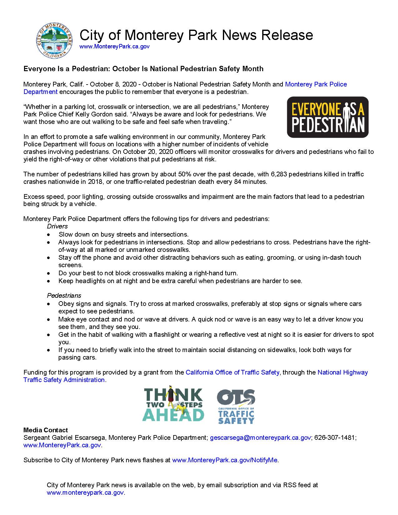 MPK News Release-Everyone is a Pedestrian October is National Pedestrian Safety Month