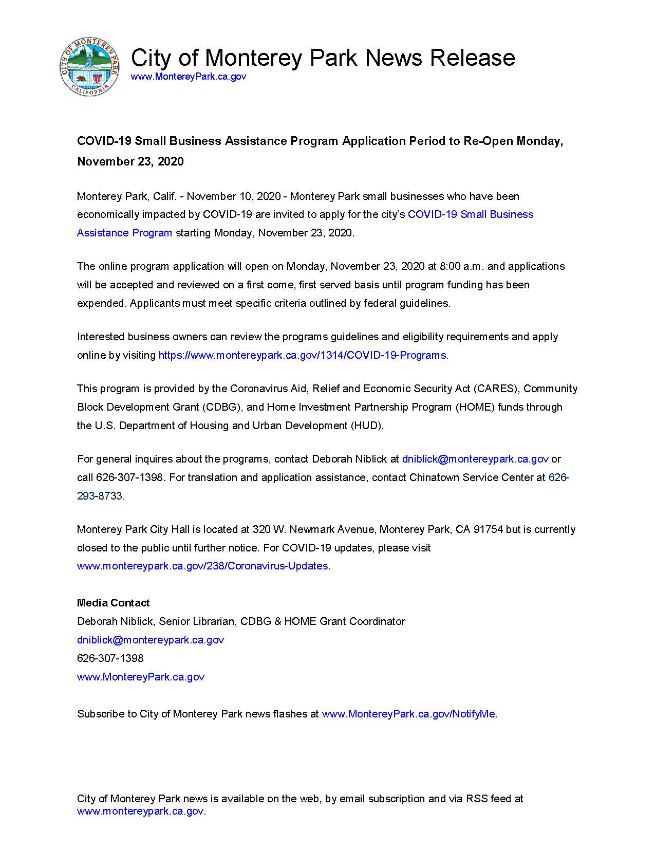 MPK News Release-COVID-19 Small Business Assistance Program Application Period to Re-Open Nov 23 202
