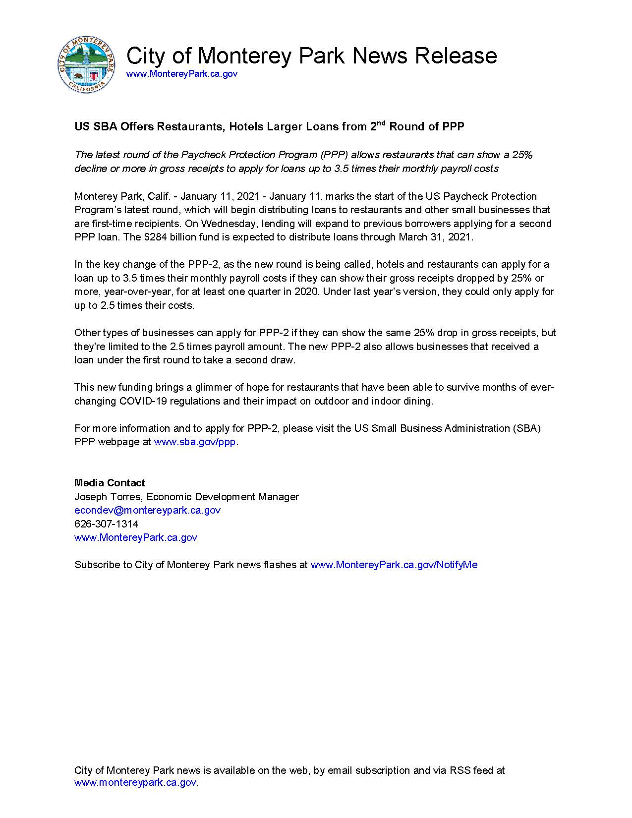 MPK News Release - US SBA Offers Restaurants, Hotels Larger Loans from 2nd Round of PPP 1-11-21