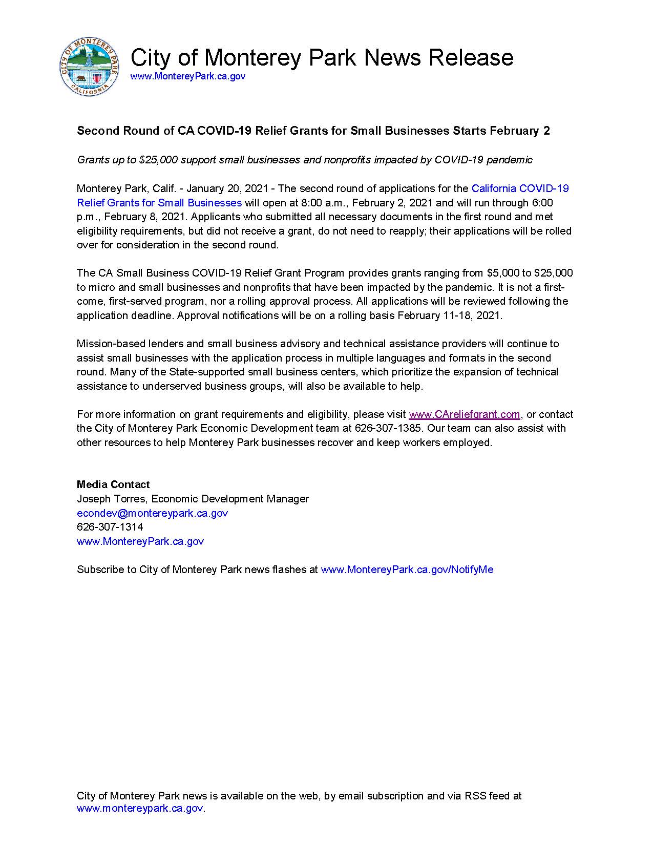 MPK News Release - 2nd Round CA Small Biz COVID-19 Grant Program 1-20-21