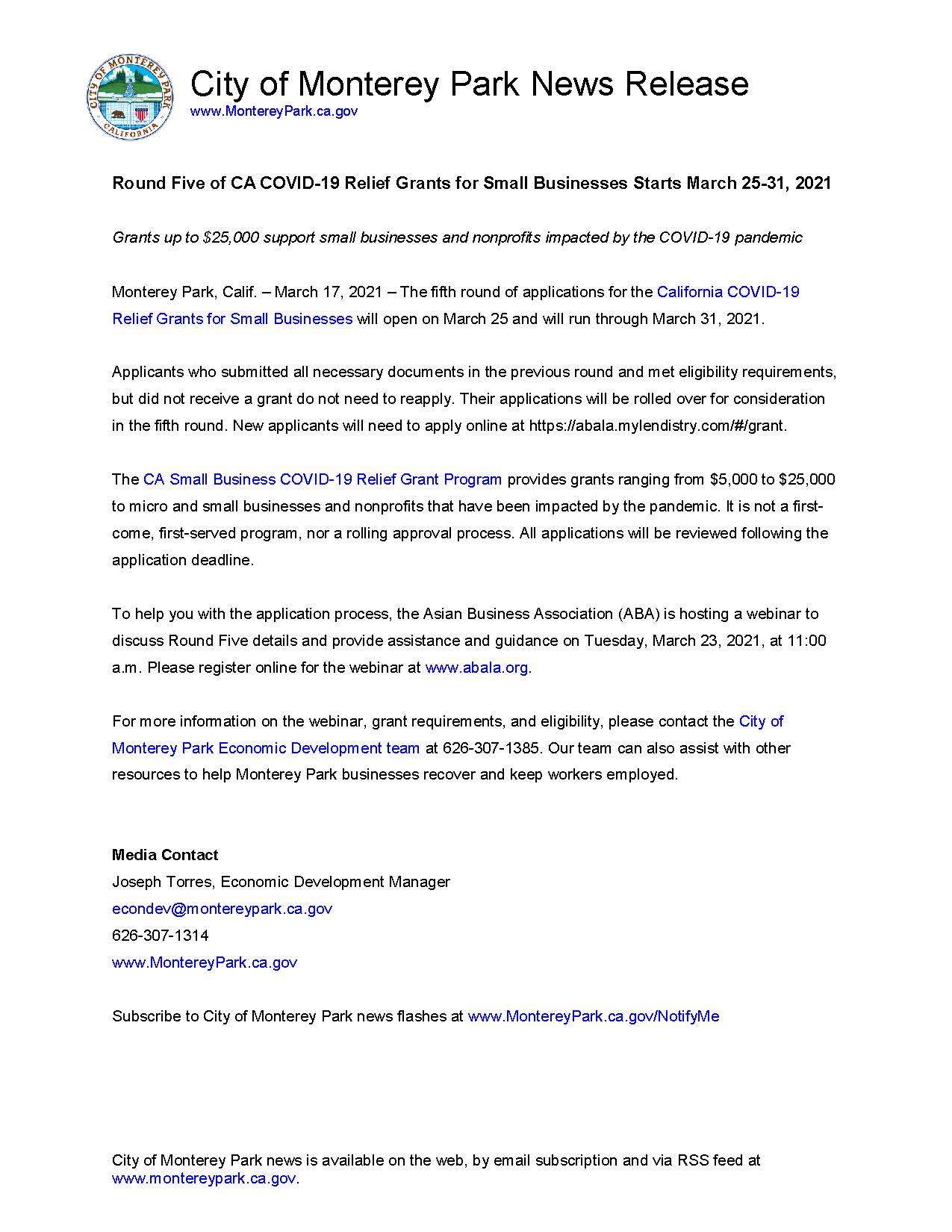 MPK News Release - CA Small Biz COVID-19 Grant Program Round 5
