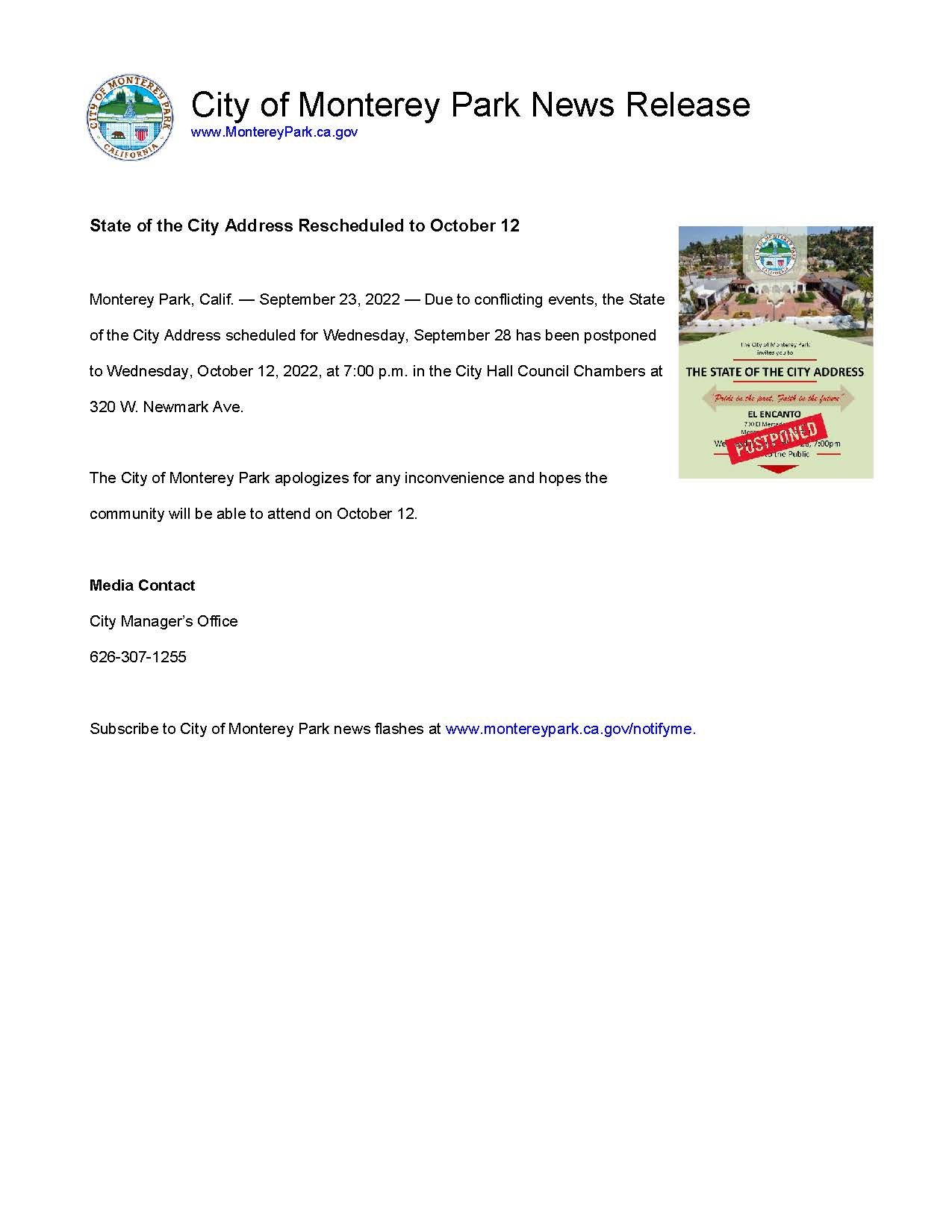 MPK News Release-State of the City Address Rescheduled to October 12