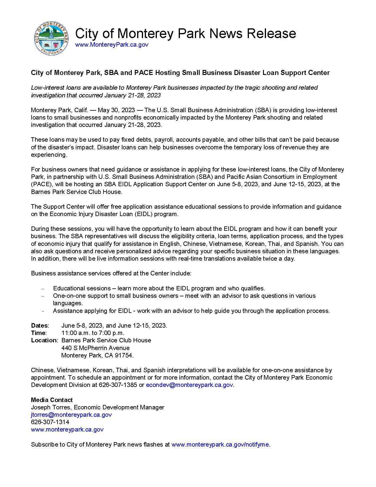 MPK News Release - MPK SBA and PACE Hosting Small Business Disaster Loan Support Center