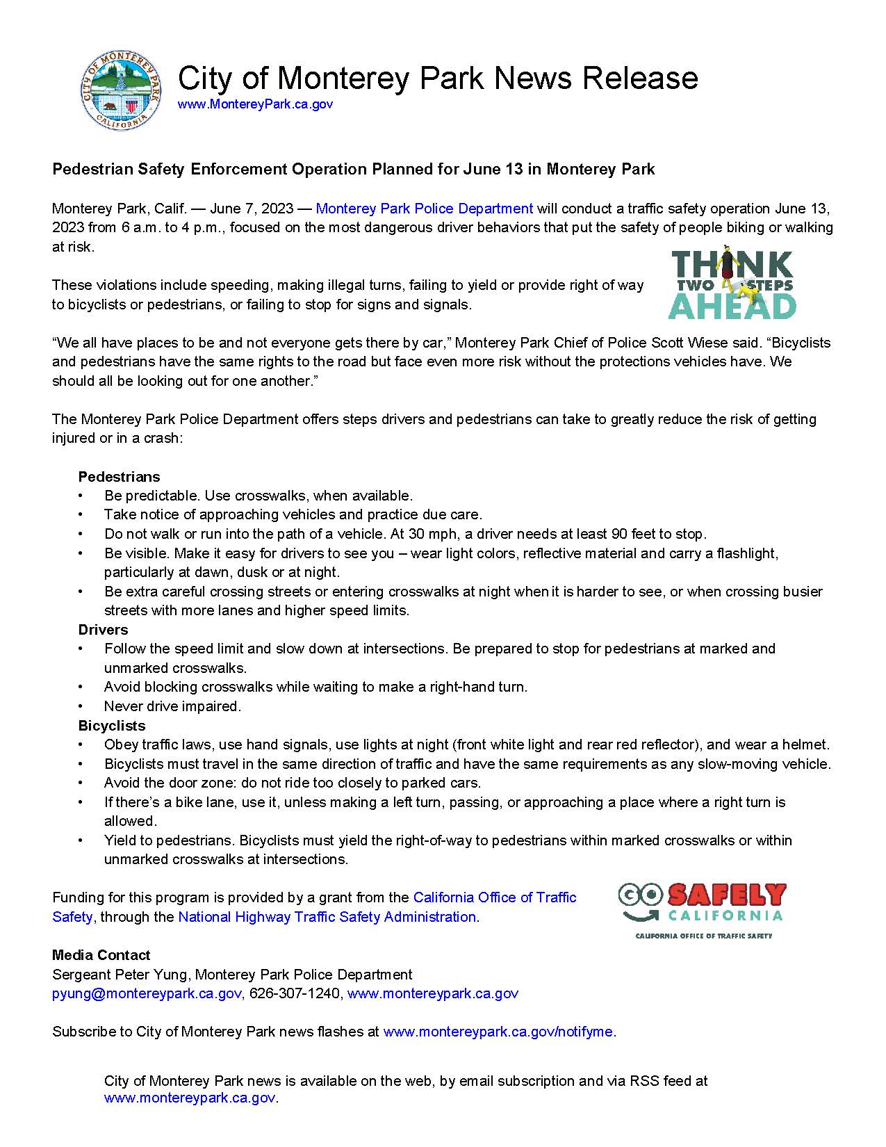 MPK News Release-Pedestrian Safety Enforcement Operation Planned 6-13-23