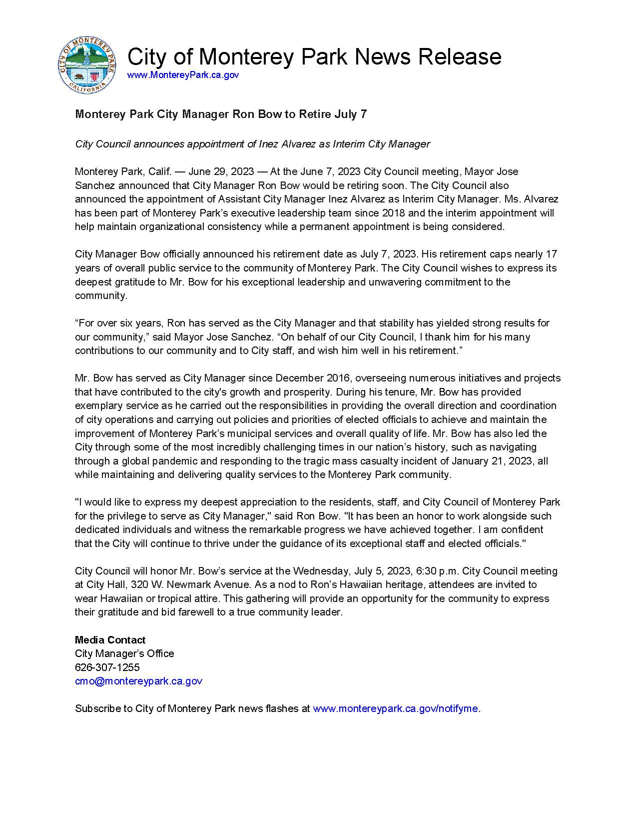 MPK News Release-Monterey Park City Manager Ron Bow to Retire July 7, Interim City Mgr appointment