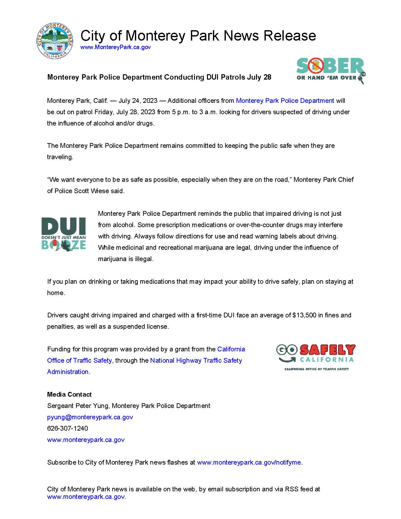 MPK News Release-Monterey Park Police Department Conducting DUI Patrols 7-28-23