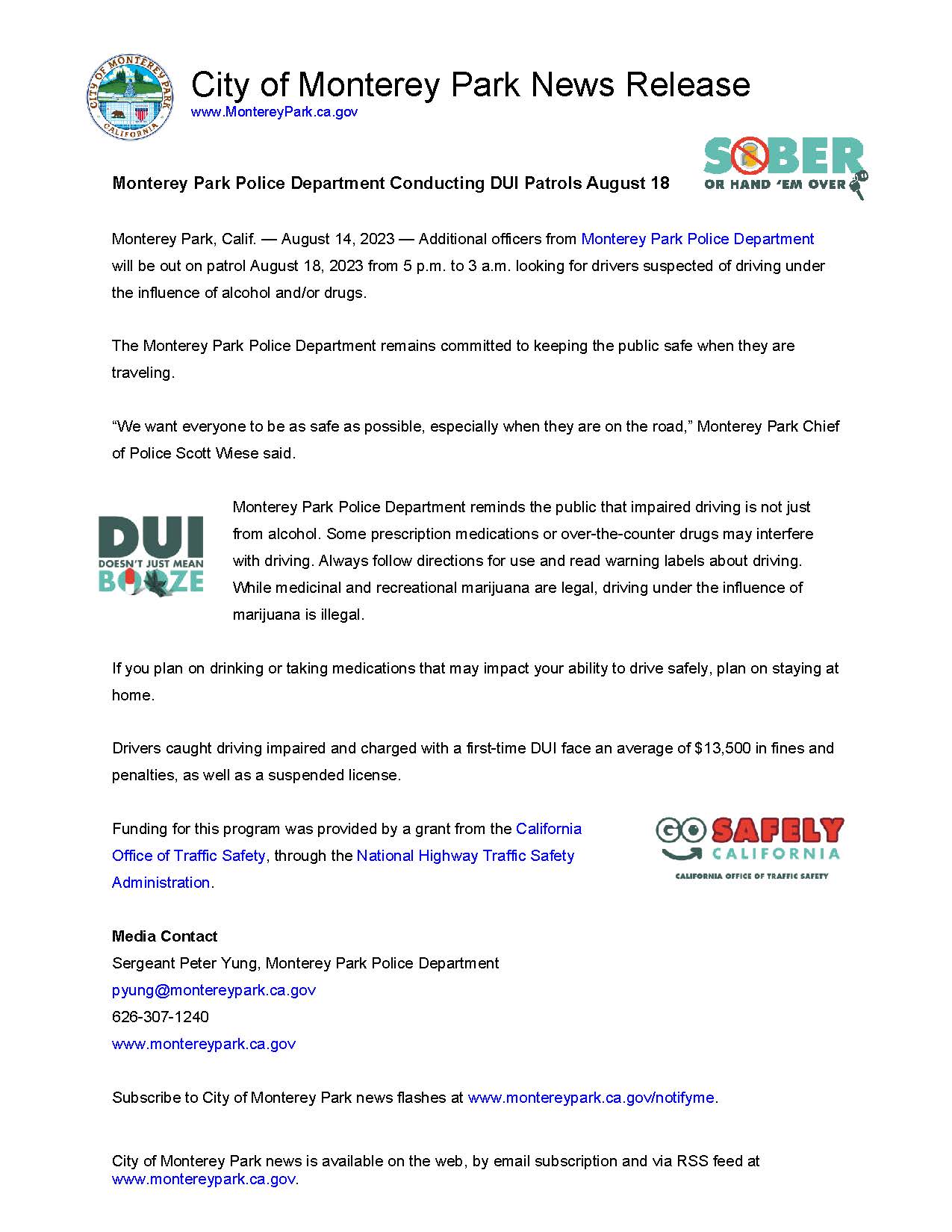 20230808 MPK News Release-Monterey Park Police Department Conducting DUI Patrols 8-11-23