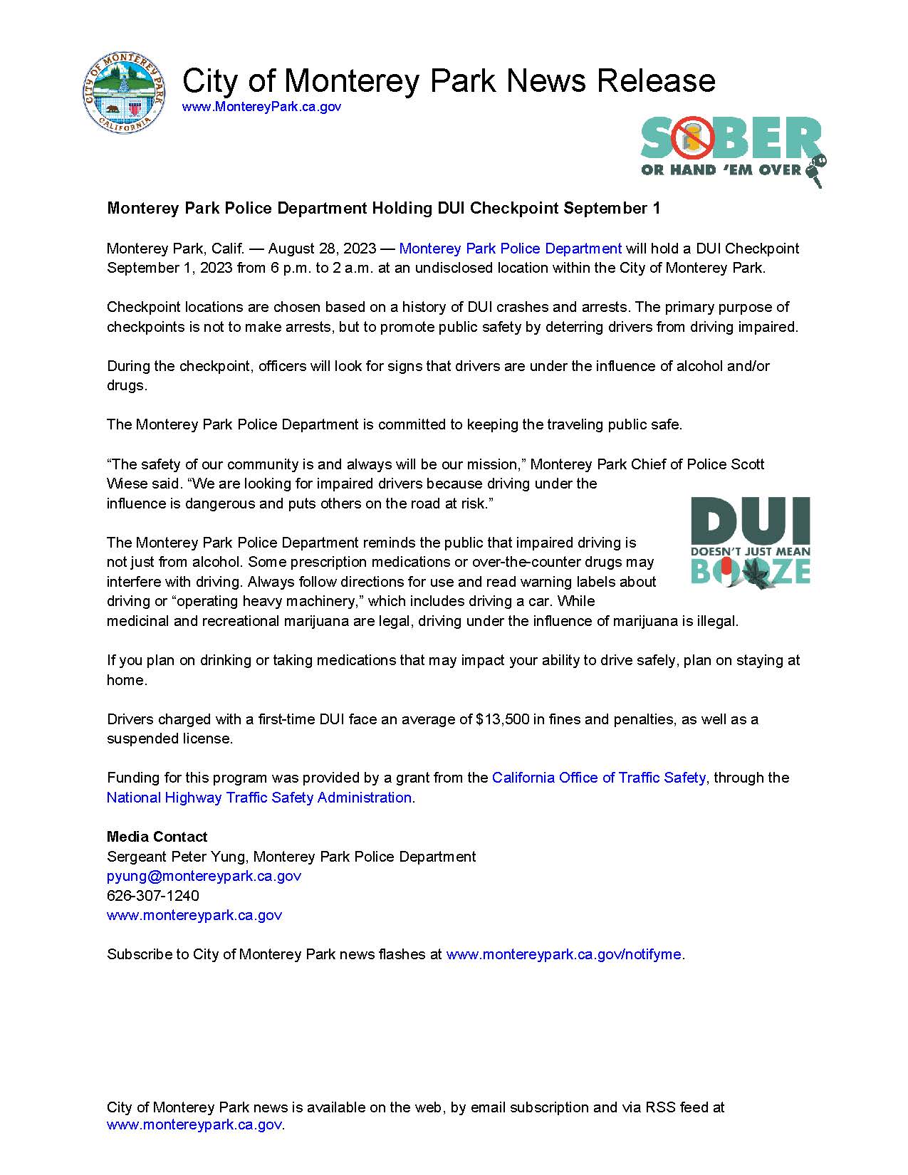 20230828 MPK News Release-Monterey Park Police Department Holding DUI Checkpoint 9-1-23