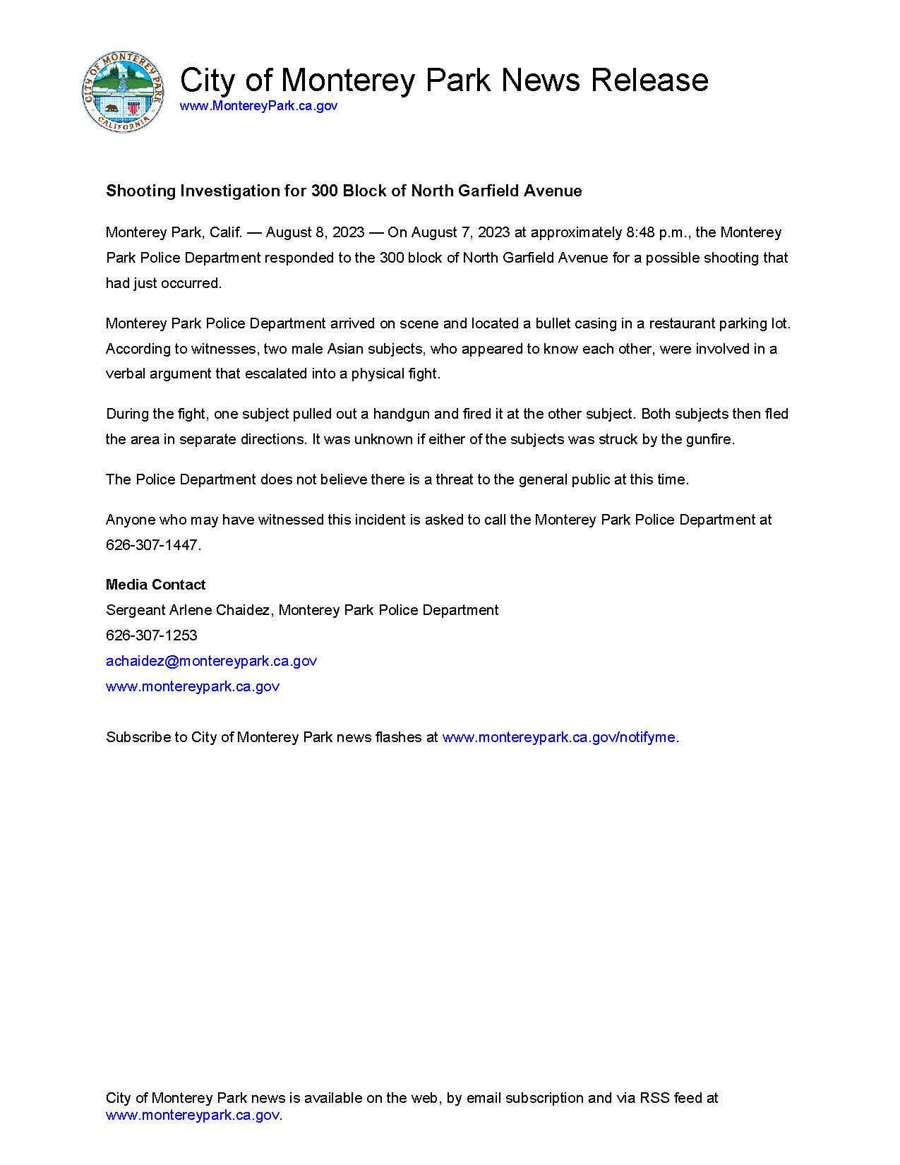 MPK News Release-MPPD Shooting Investigation 300 Block N Garfield Ave