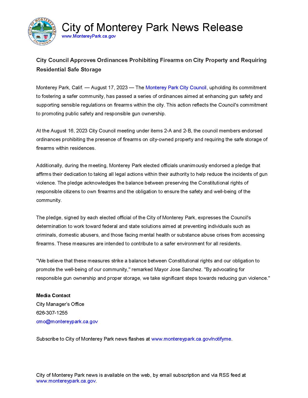 MPK News Release-MPK City Council Takes Action to Promote Gun Safety and Reduce Gun Violence