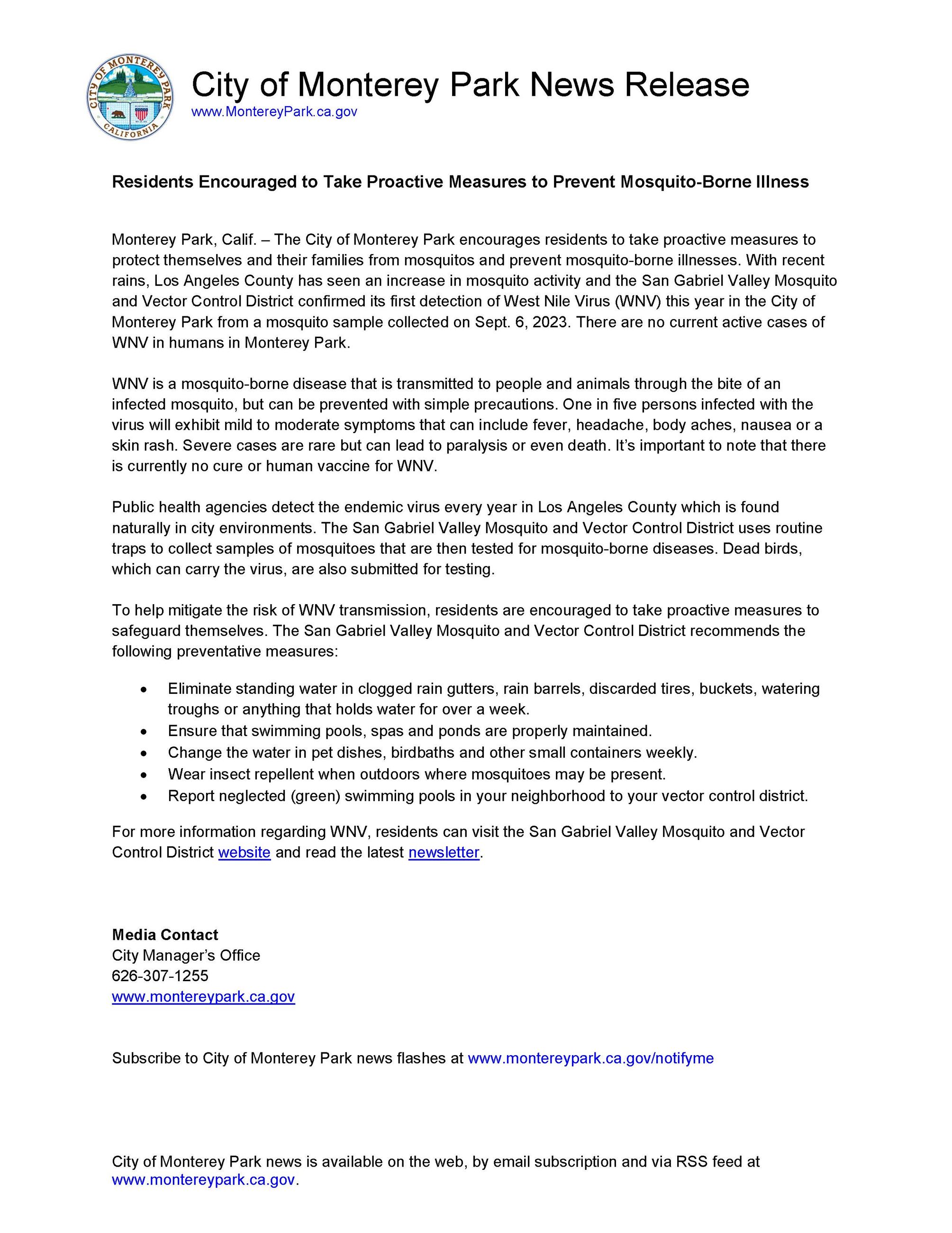 News Release - Mosquito Control and West Nile Virus 2023