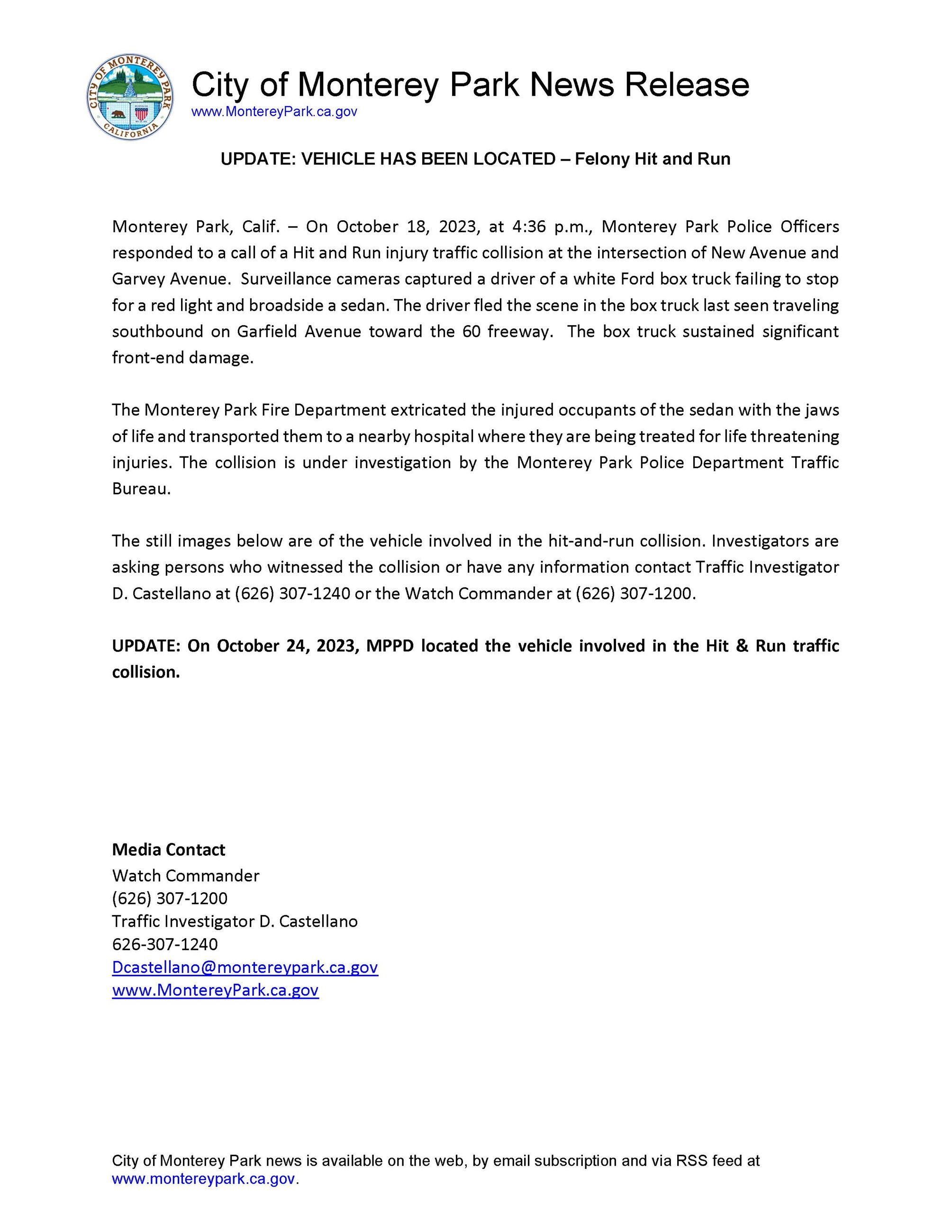 10.25.23 UPDATED Hit and Run Collision Press Release