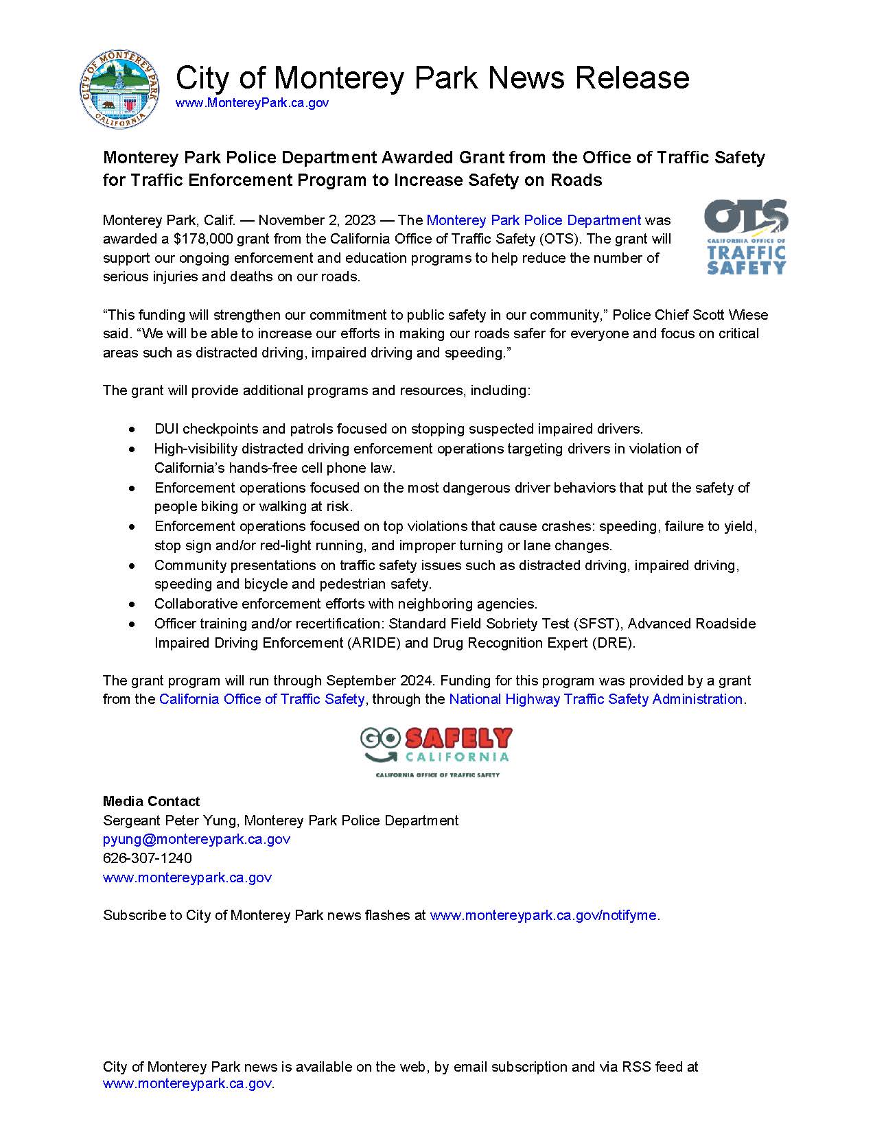 MPK News Release-MPPD Awarded Grant from OTS for Traffic Enforcement Program to Increase Safety on R
