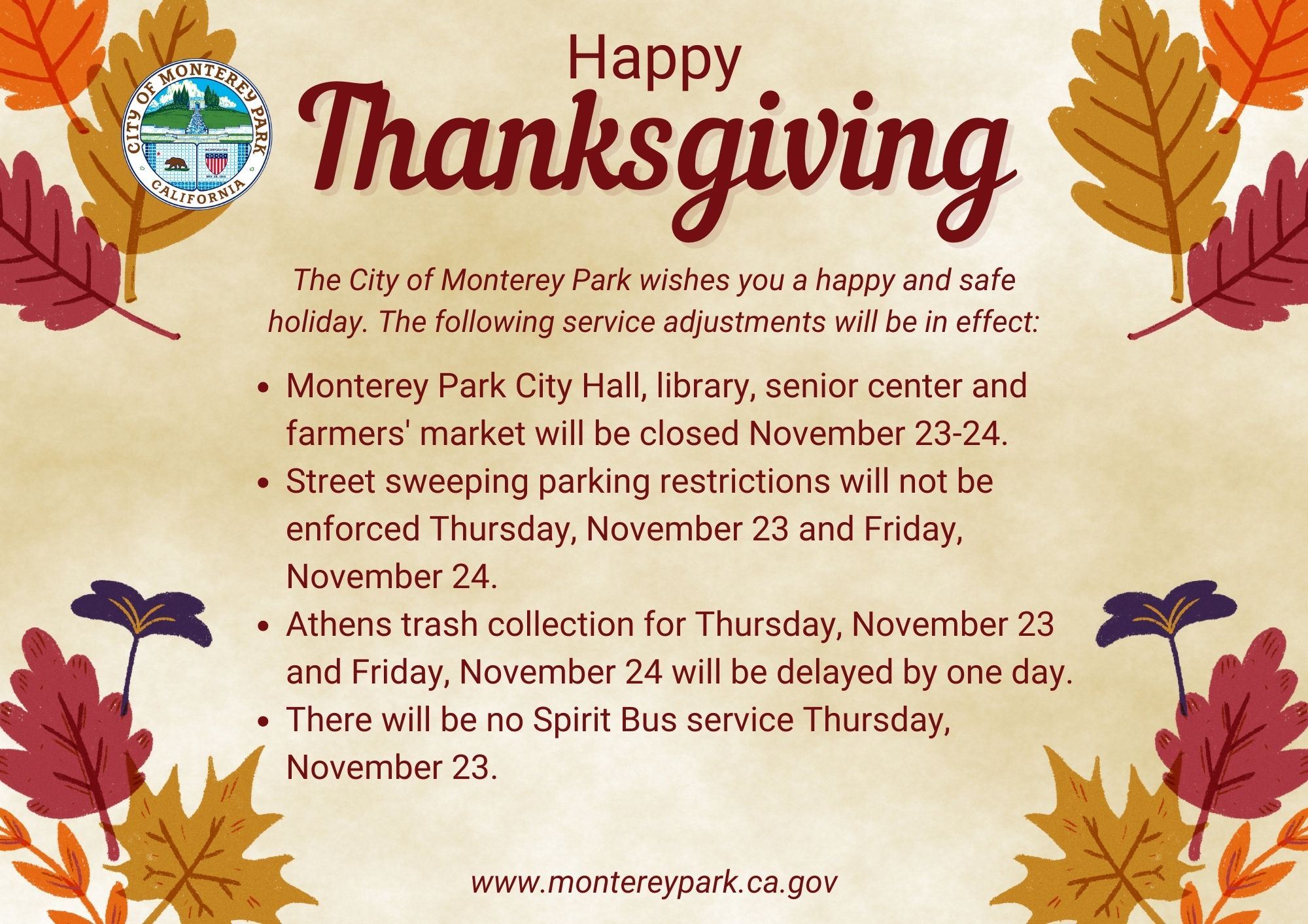 Thanksgiving holiday hours service adjustments 11-23-23