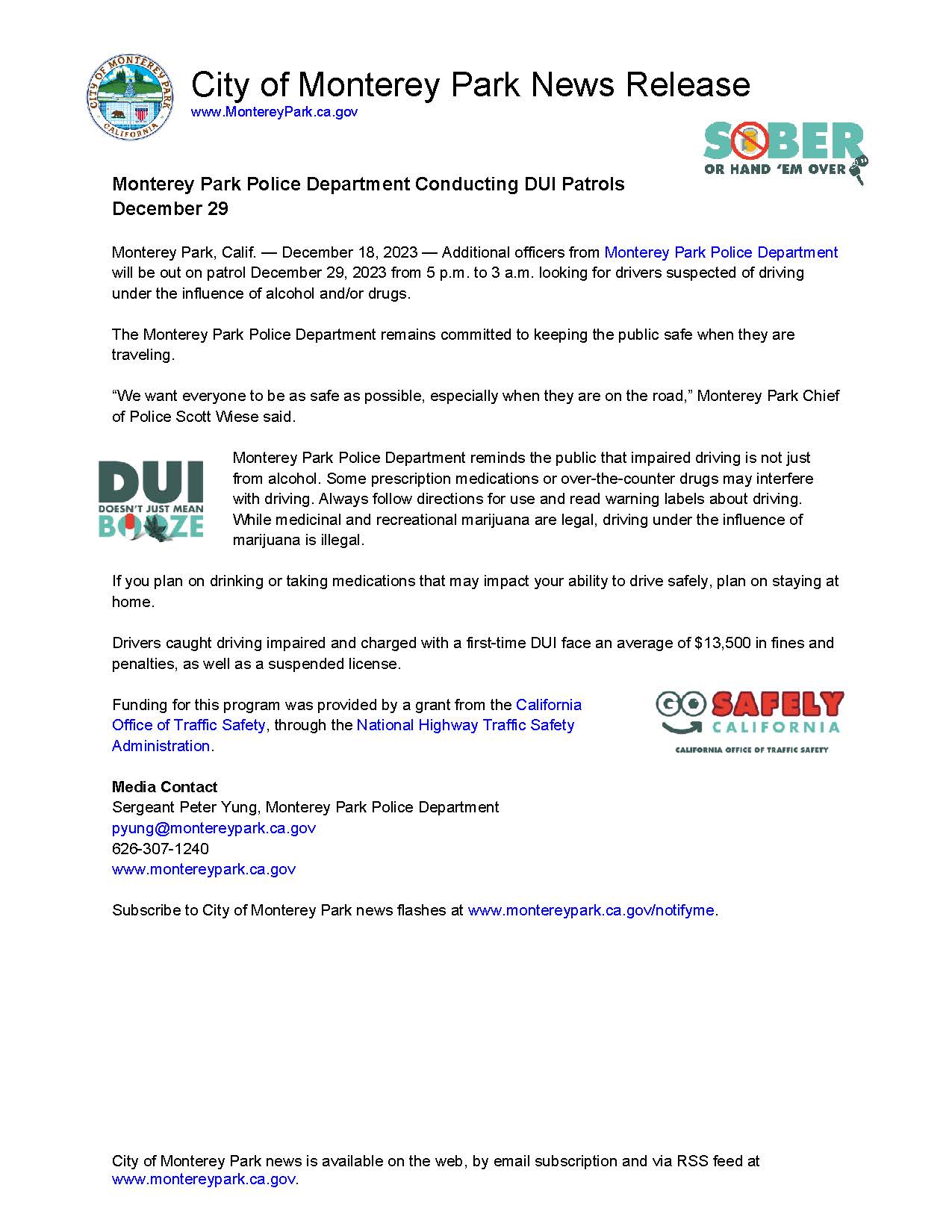 MPK News Release-Monterey Park Police Department Conducting DUI Patrols 12-29-23