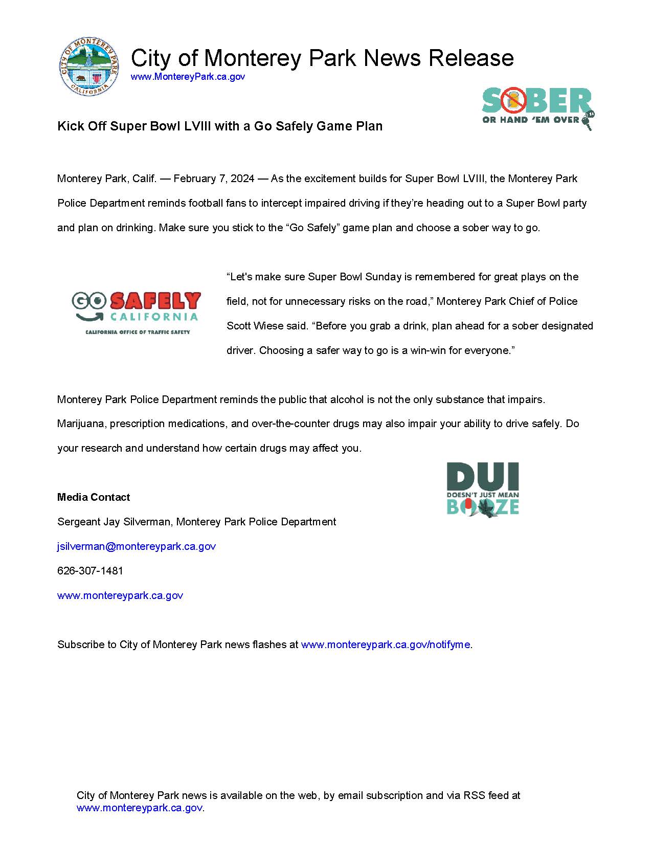 City of Monterey Park letterhead with a city seal in top left. Black text on a white background.