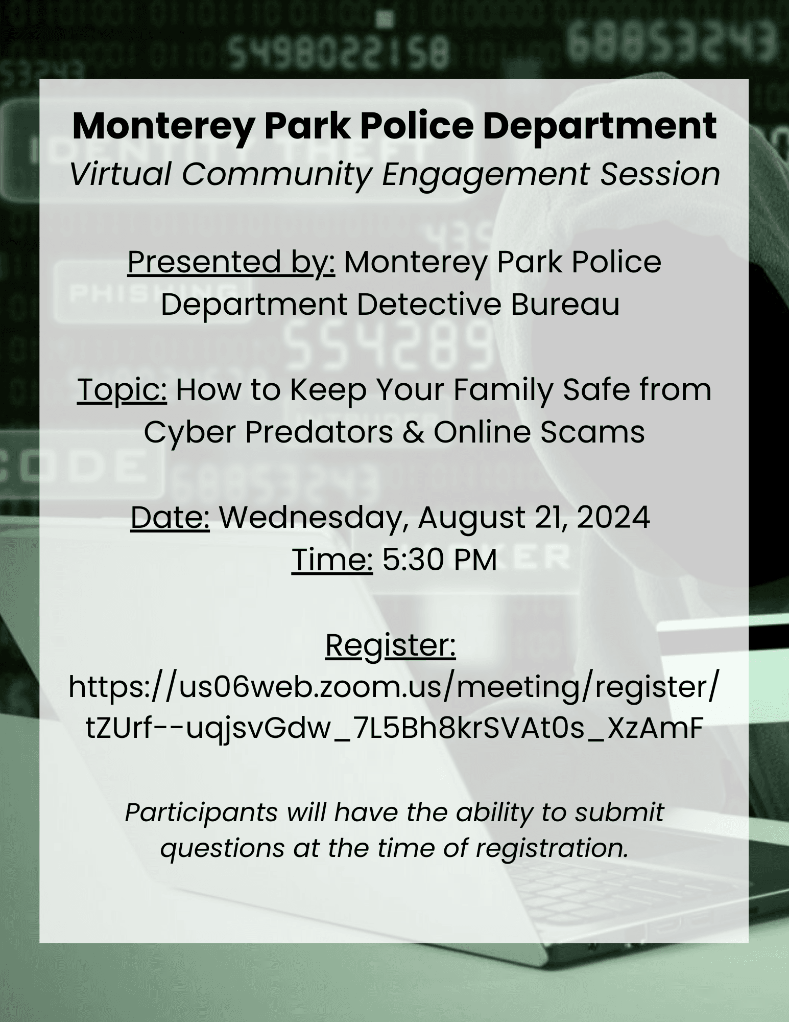 Virtual Neighborhood Watch Meeting notice with details and zoom link.