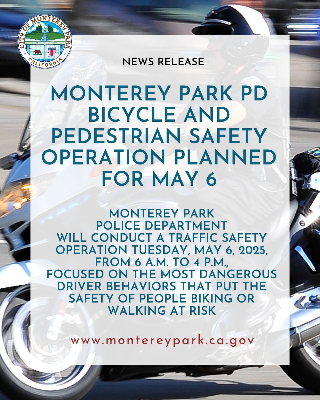 MPK News Release image for MPPD Bicycle and Pedestrian Safety Operation Planned 5-6-25