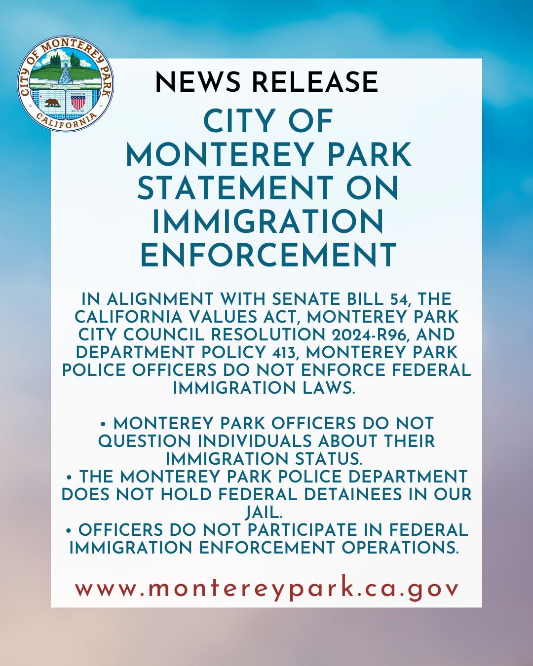 MPK News Release-City of Monterey Park Statement on Immigration Enforcement social