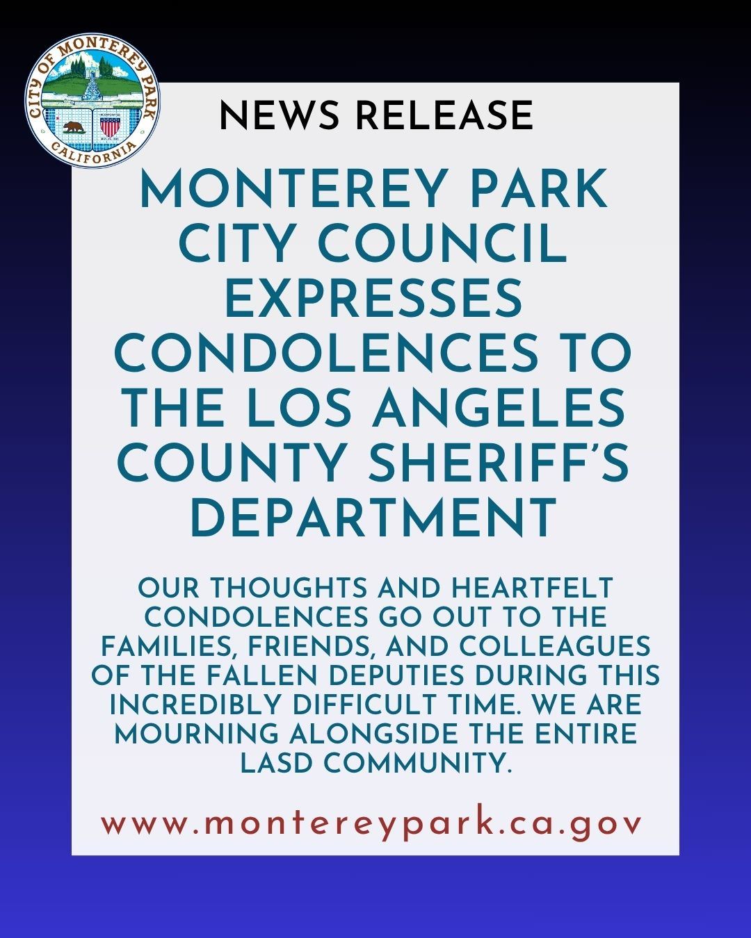 MPK News Release-City Council Expresses Condolences to the Los Angeles County Sheriffs Department so