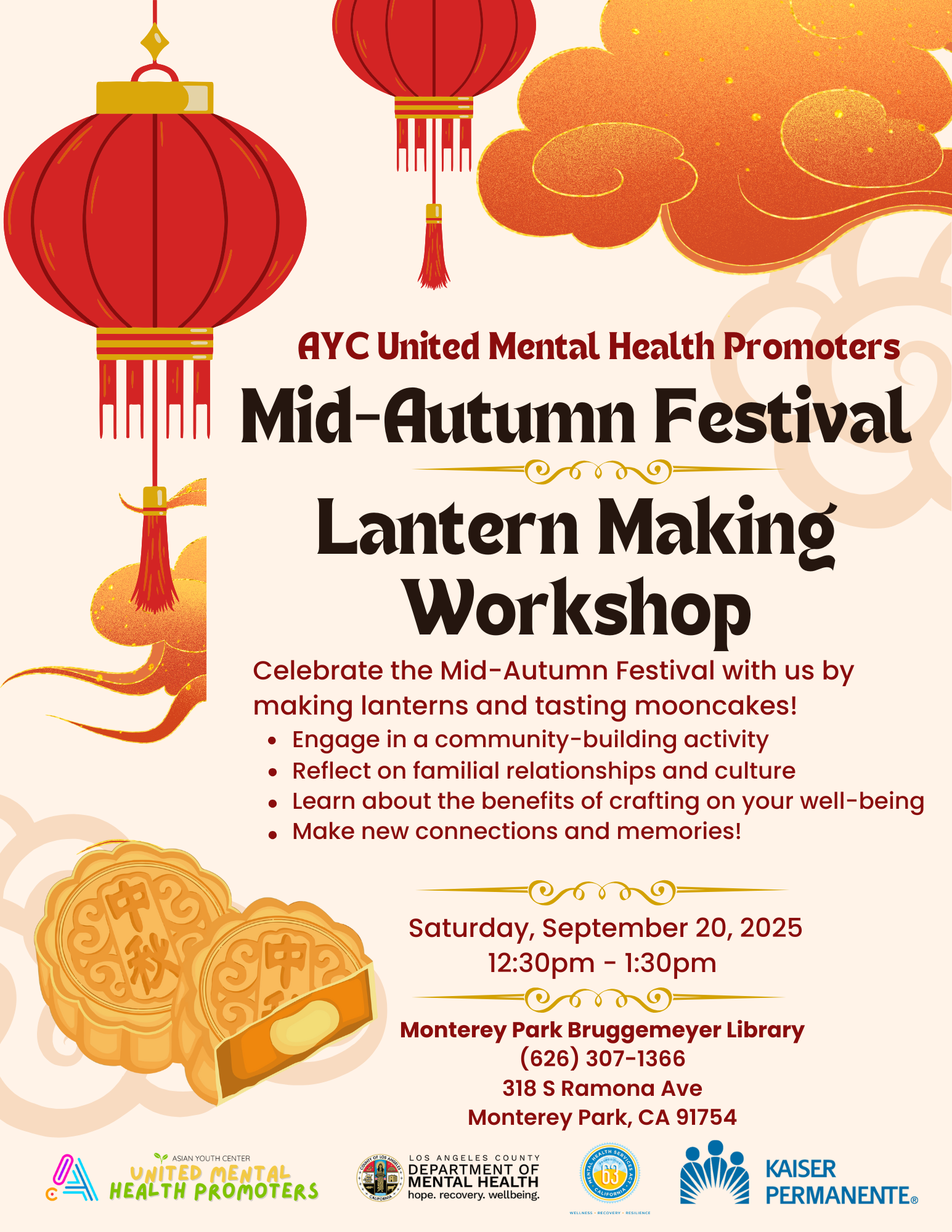 Informational flyer with lanterns and mooncakes and clouds on edges