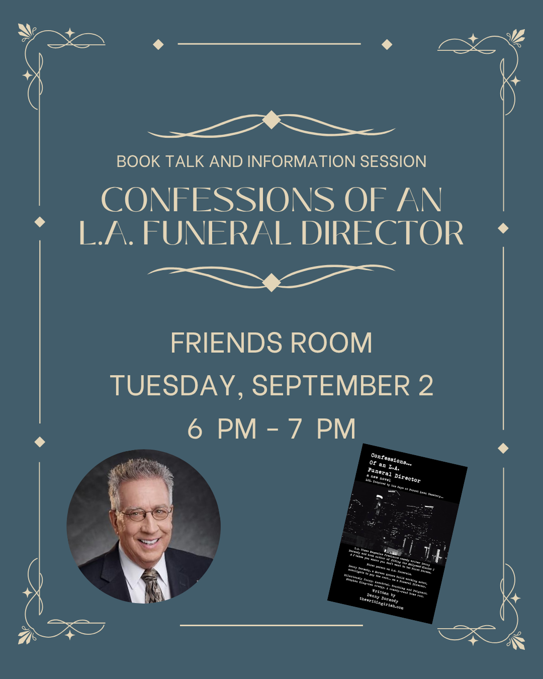 Informational flyer with photo and book cover