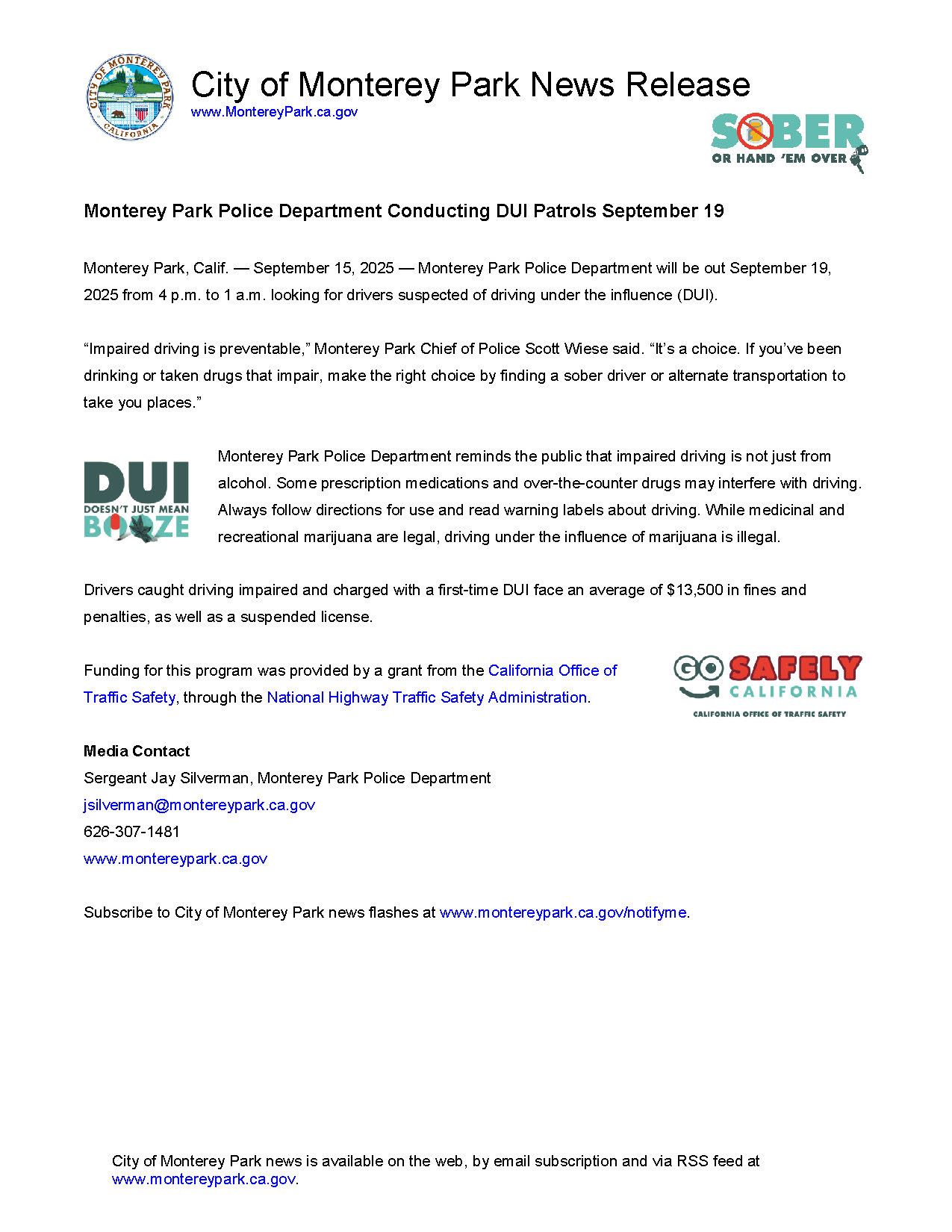 MPK News Release-MPPD Conducting DUI Patrols 9-19-25