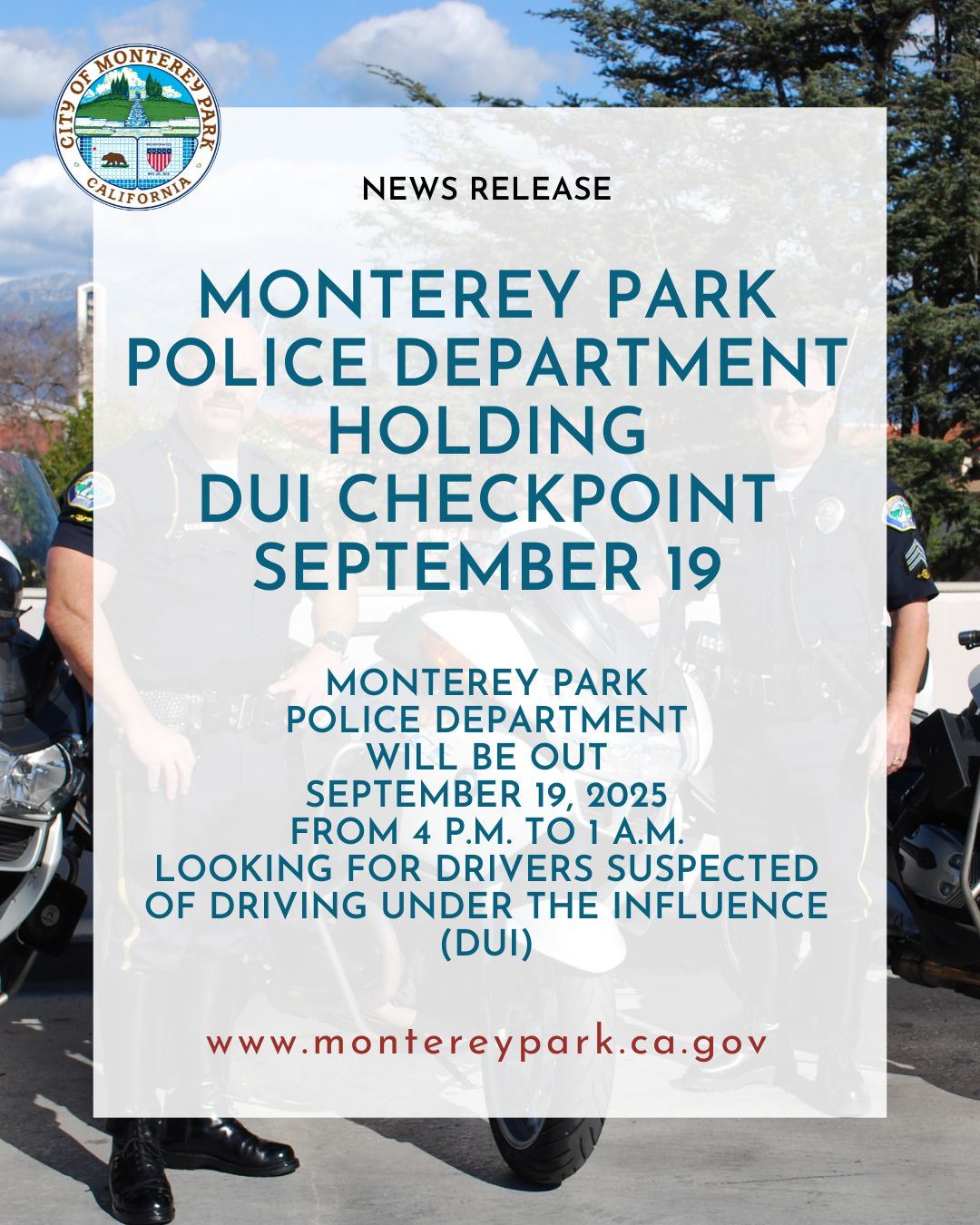 MPK News Release-MPPD Conducting DUI Patrols 9-19-25 social
