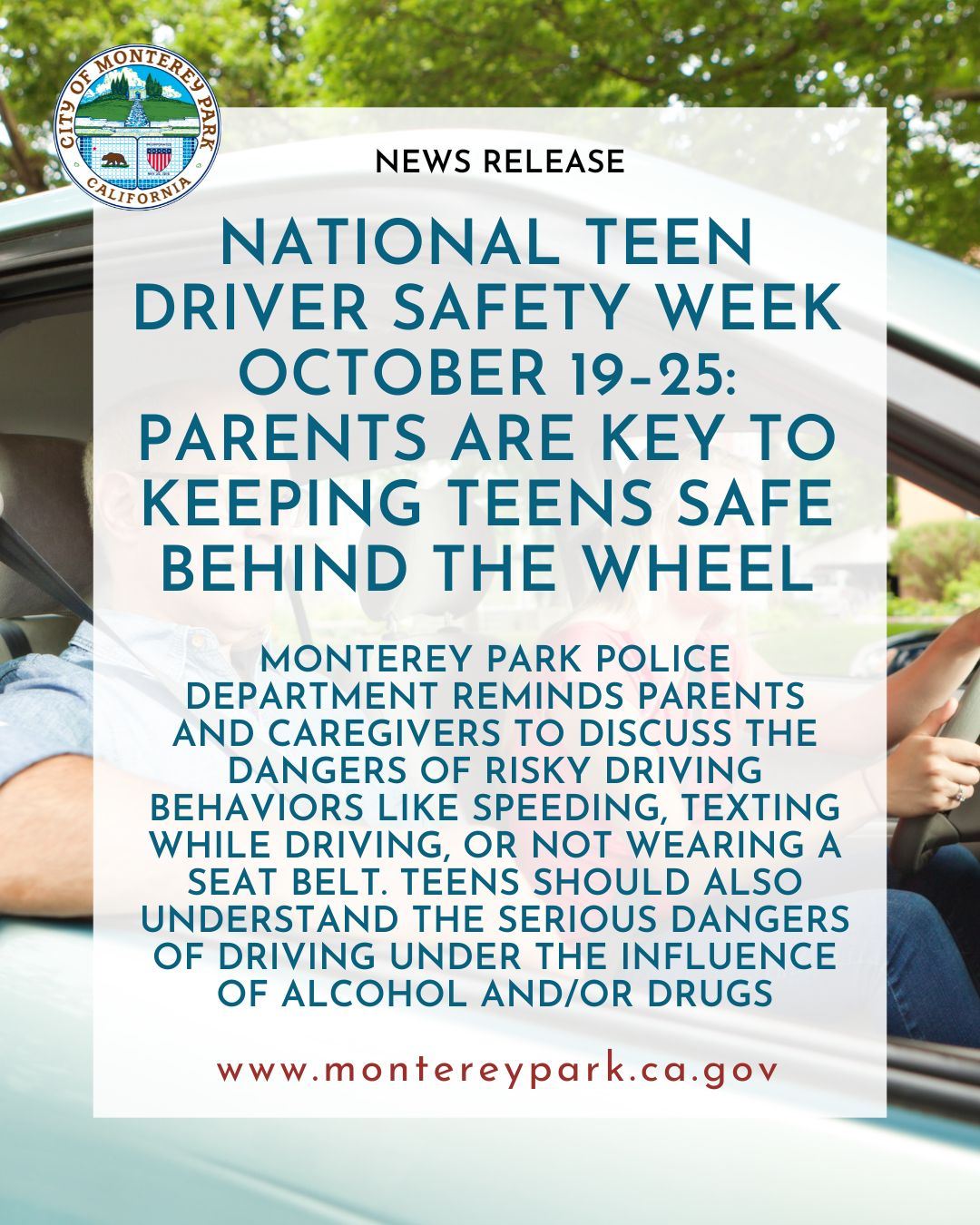 Teen Driver Safety Week message reminding parents to talk to teens about safe driving habits.